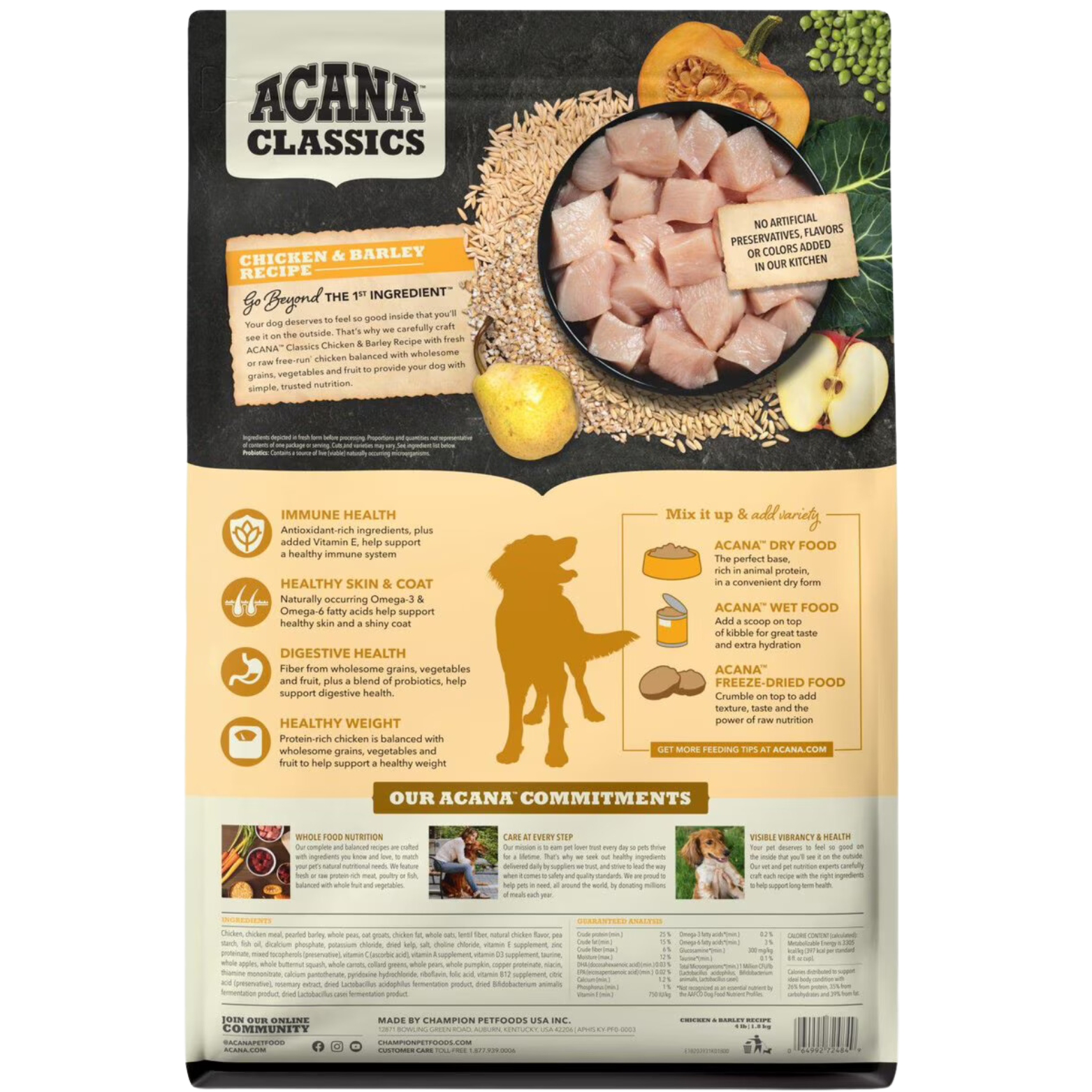 Back of ACANA Classics Chicken & Barley Recipe dry dog food bag showing ingredient imagery, nutrition benefits, feeding suggestions, and product information.