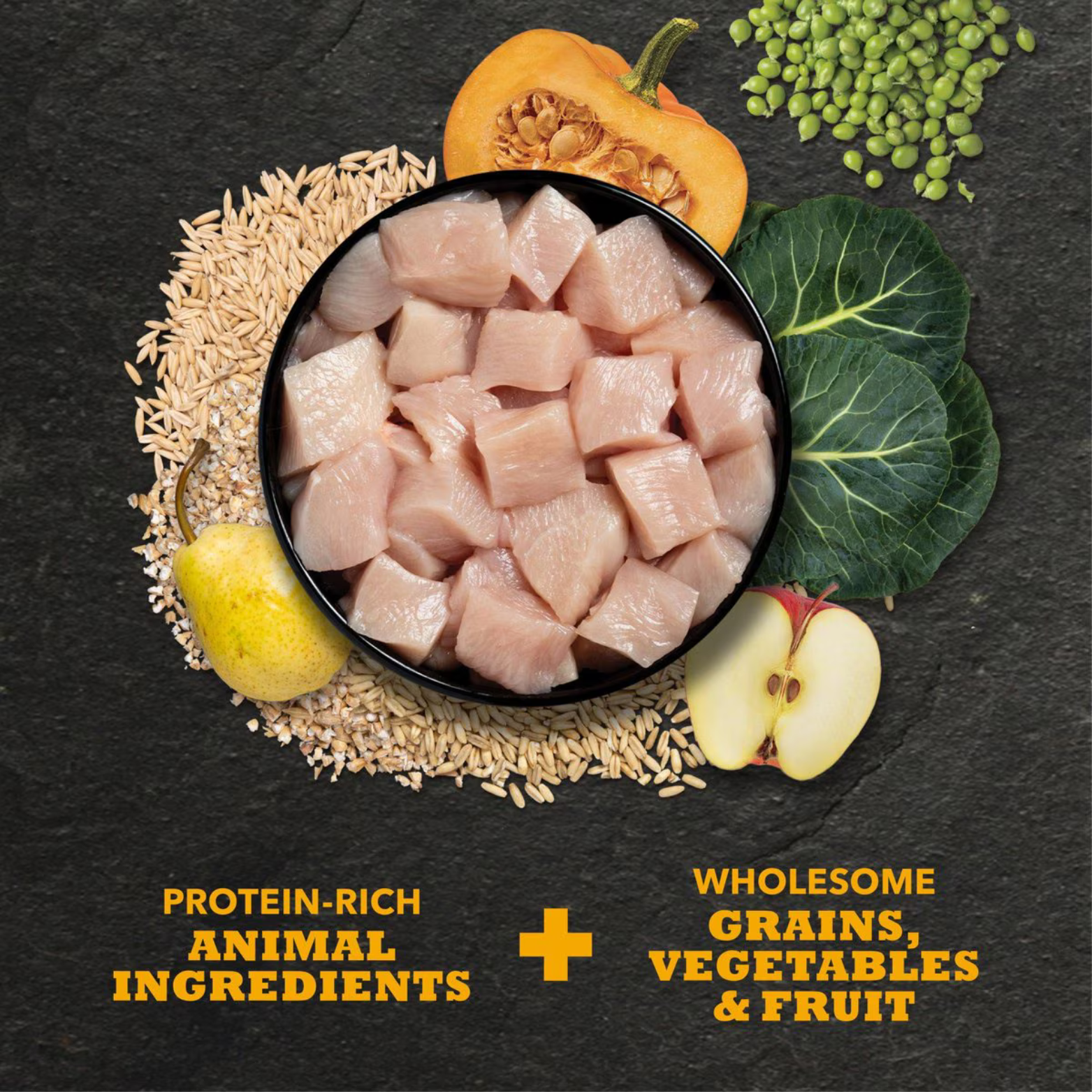 Bowl of raw chicken cubes surrounded by grains, vegetables, and fruit, with text highlighting protein-rich animal ingredients plus wholesome grains, vegetables, and fruit