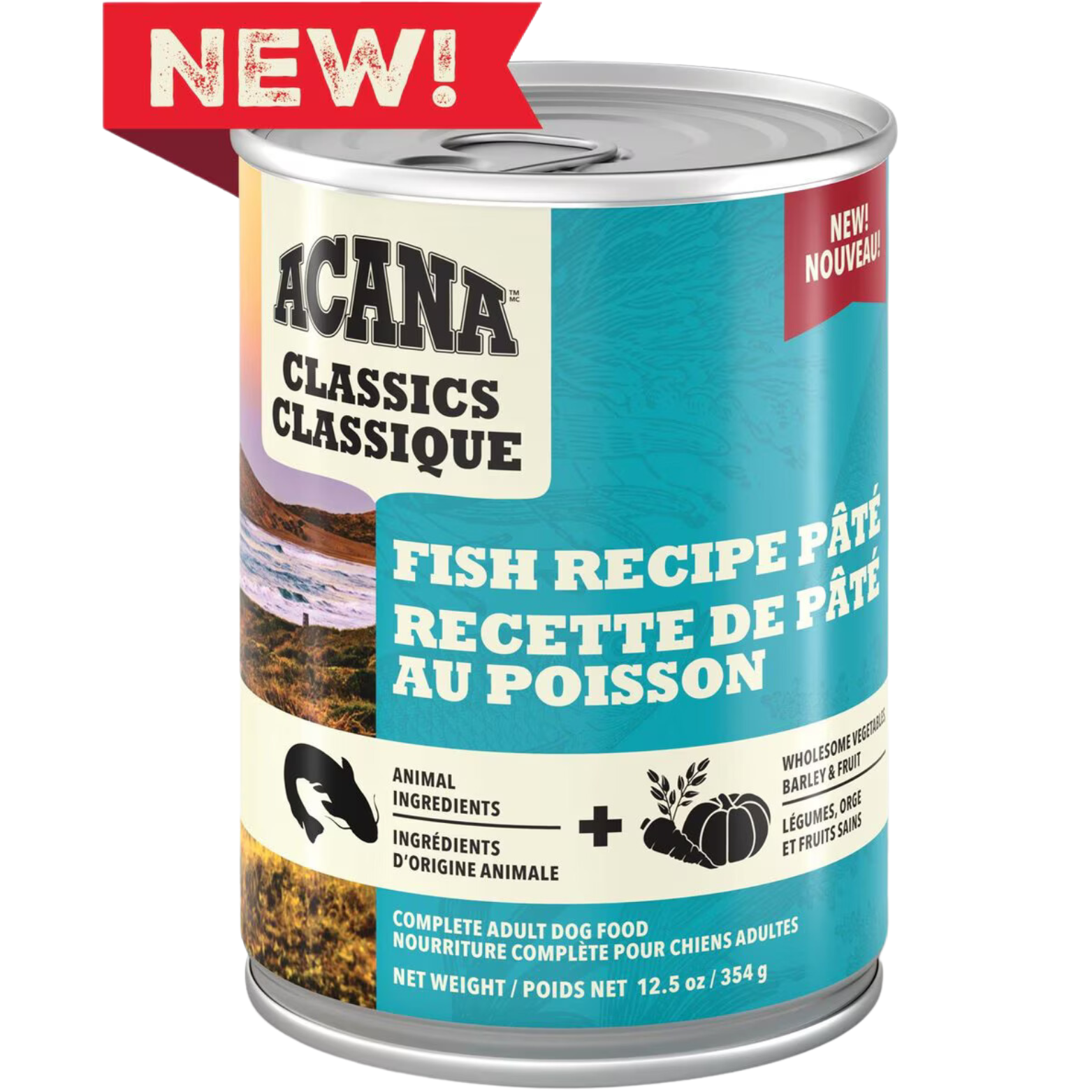 Close-up of an ACANA Classics Fish Recipe Pâté wet dog food can labeled “Complete Adult Dog Food,” with a “New” banner and teal packaging.