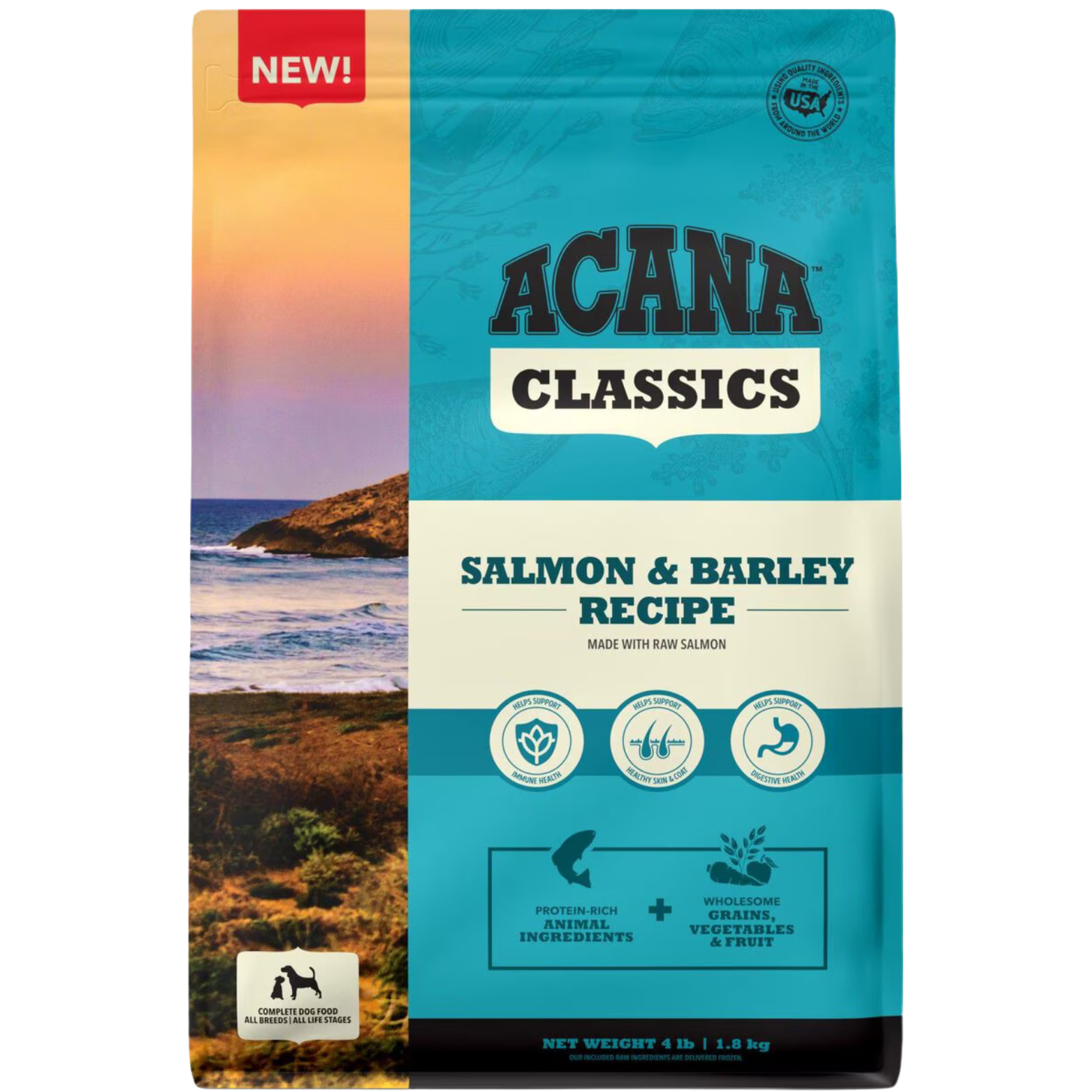 Front of ACANA Classics Salmon & Barley Recipe dry dog food bag labeled “Made with Raw Salmon,” showing nutrition icons and protein-rich animal ingredients plus wholesome grains.