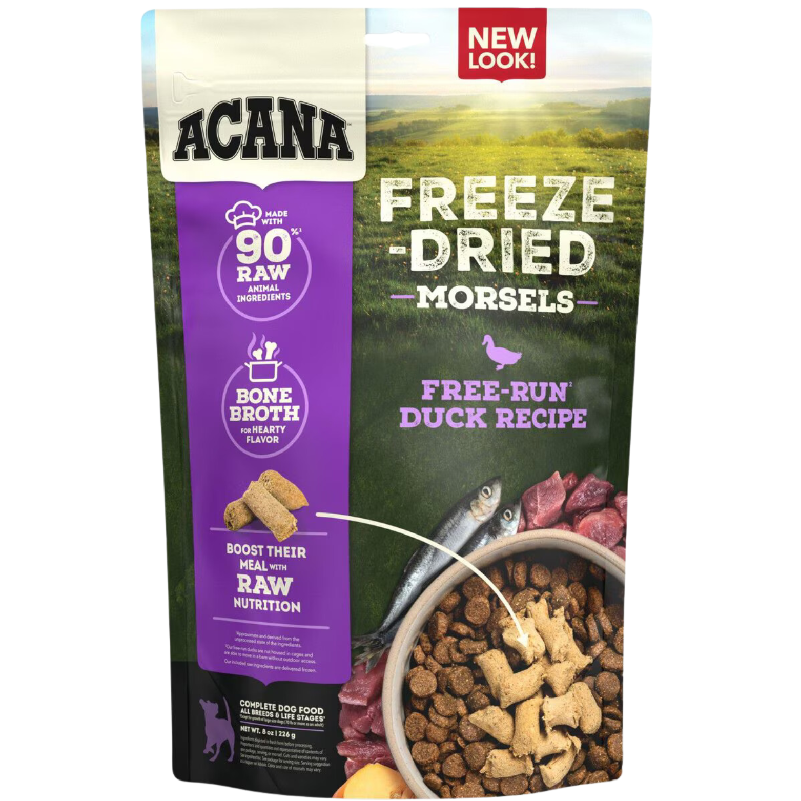 Front of Acana Freeze-Dried Morsels Free-Run Duck Recipe bag highlighting 90% raw animal ingredients, bone broth for flavor, and showing kibble topped with morsels, whole herring, and raw duck pieces.