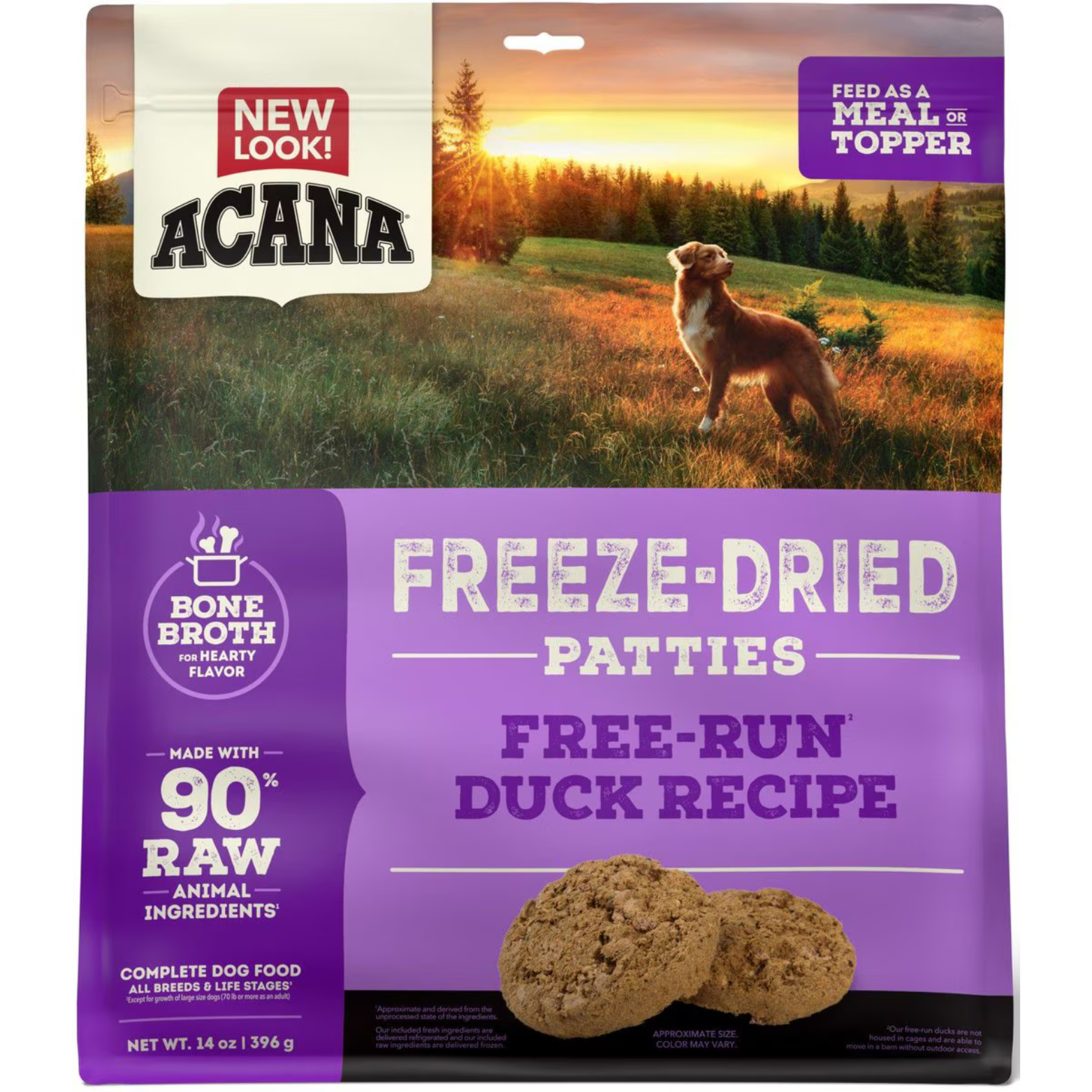 Front of ACANA Freeze-Dried Patties Free-Run Duck Recipe bag showing dog outdoors, bone broth callout, and image of patties.
