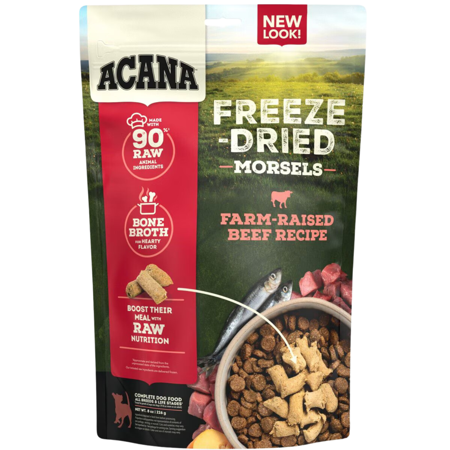 Front of ACANA Freeze-Dried Morsels Farm-Raised Beef Recipe bag, highlighting “New Look,” “90% Raw Animal Ingredients,” “Bone Broth for Hearty Flavor,” and showing morsels on top of kibble.