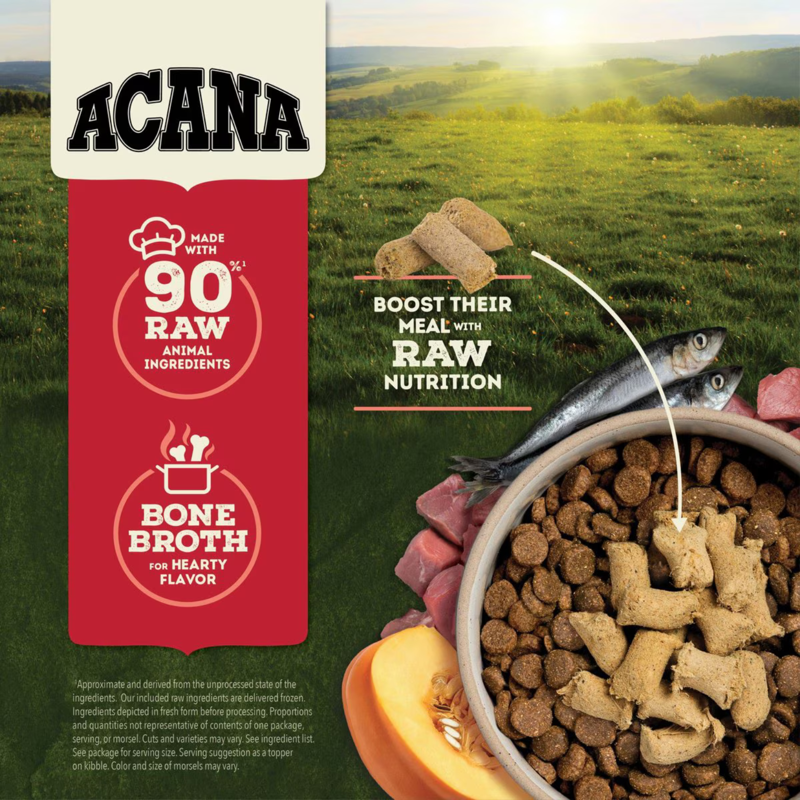 ACANA branding beside icons reading “Made with 90% Raw Animal Ingredients” and “Bone Broth for Hearty Flavor,” next to a bowl of kibble topped with freeze-dried beef morsels.