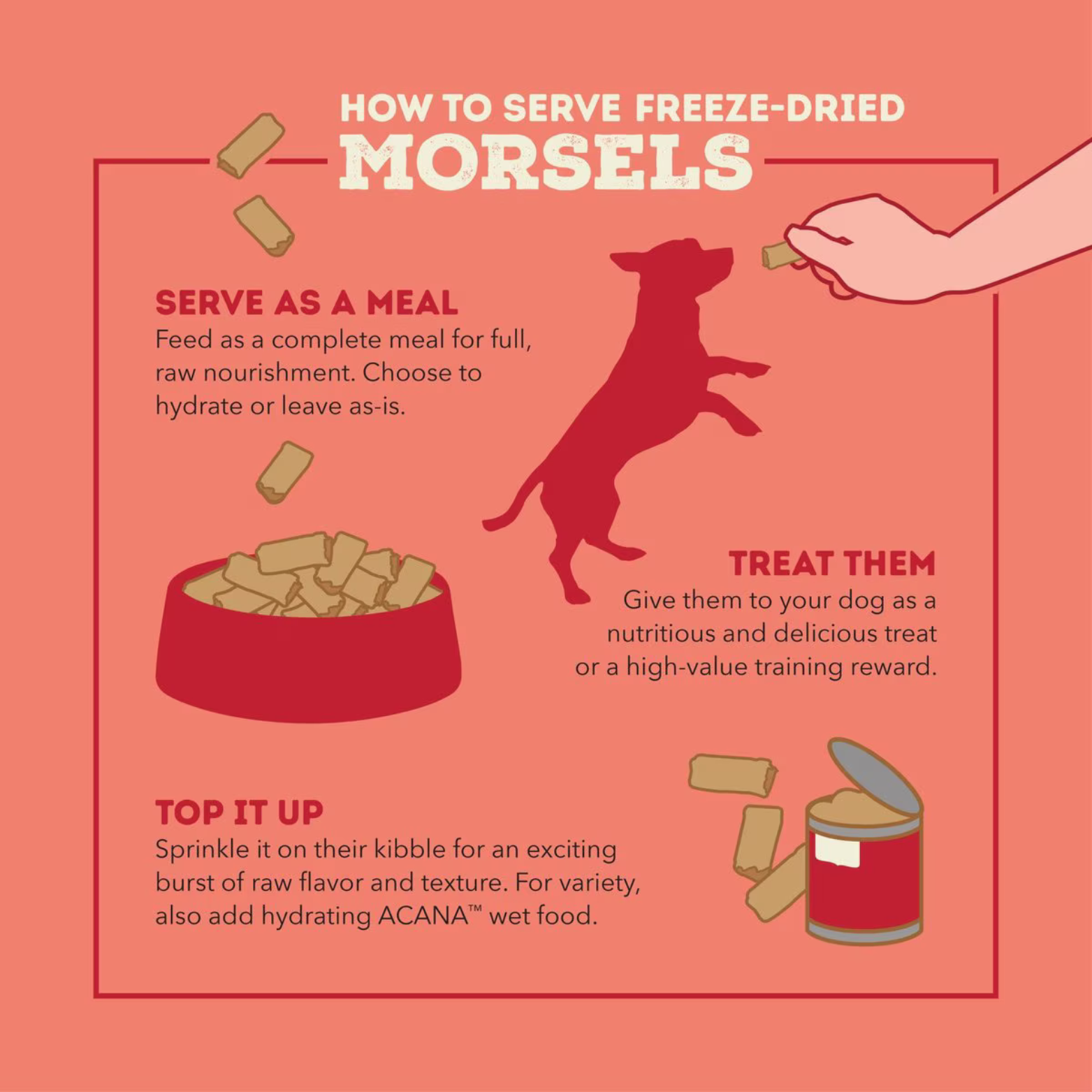 Illustration showing three ways to serve ACANA freeze-dried morsels: as a meal in a bowl, as treats given by hand, and sprinkled on kibble as a topper.