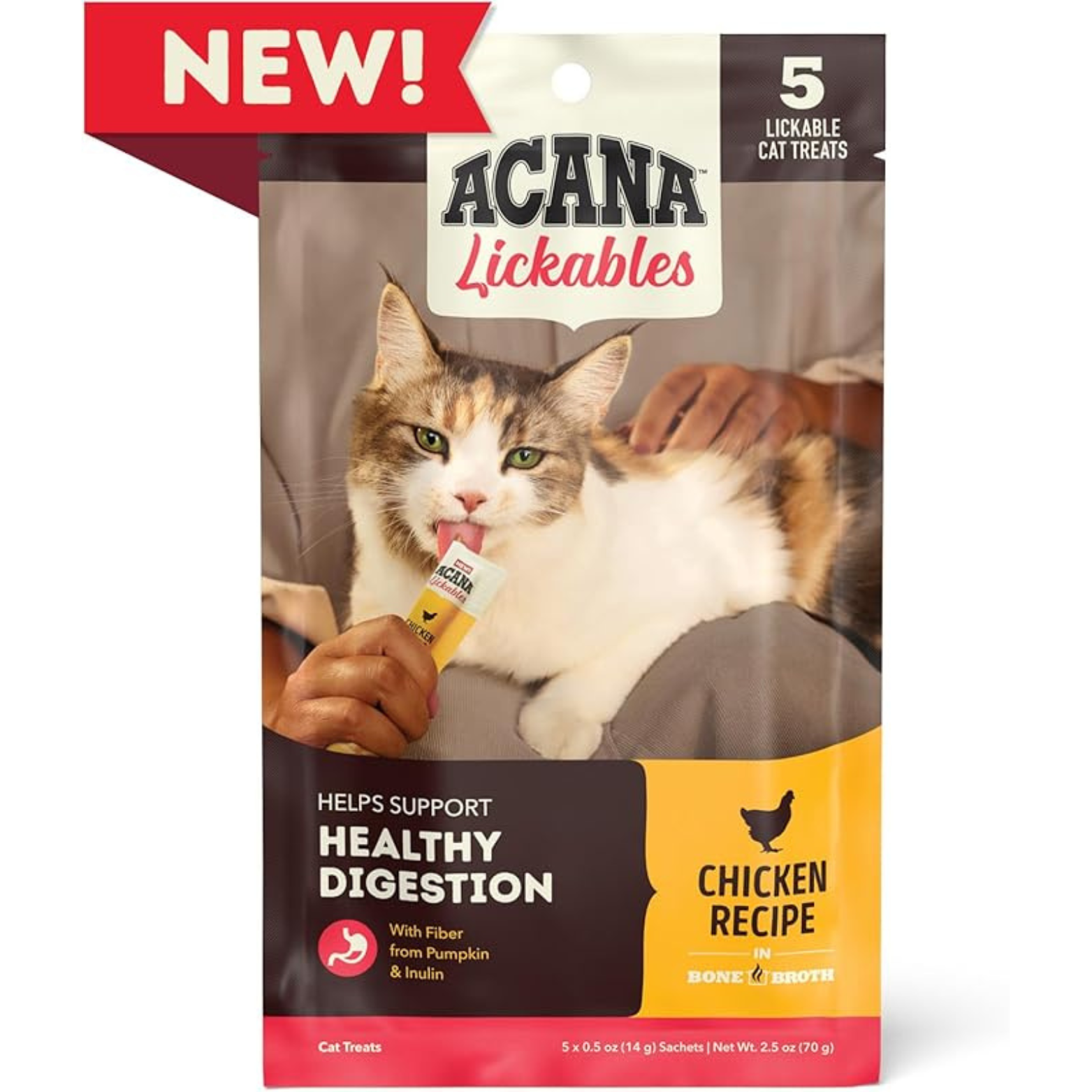 Front of ACANA Lickables Healthy Digestion Chicken Recipe cat treats package labeled “New,” showing a cat being hand-fed a lickable treat, highlighting support for healthy digestion with fiber from pumpkin and inulin, and noting five lickable cat treats.