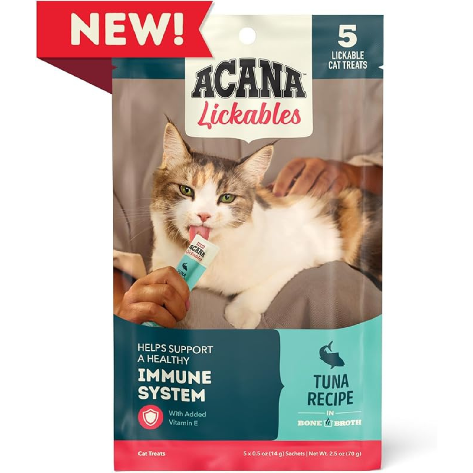 Front of ACANA Lickables Tuna Recipe cat treat package labeled ‘New,’ showing a cat licking a treat from a sachet, highlighting support for a healthy immune system with added vitamin E, and noting five lickable cat treats.