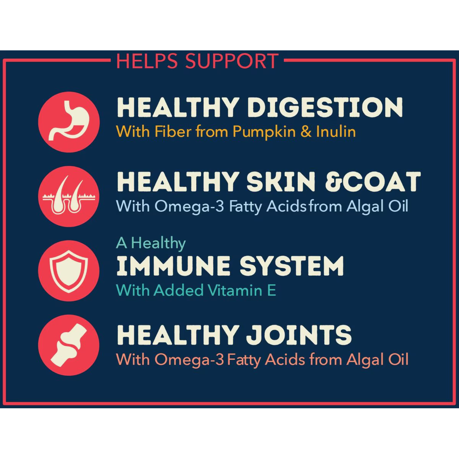 Graphic highlighting ACANA Lickables health benefits, including healthy digestion with fiber from pumpkin and inulin, healthy skin and coat with omega-3 fatty acids from algal oil, immune system support with added vitamin E, and healthy joints supported by omega-3 fatty acids.