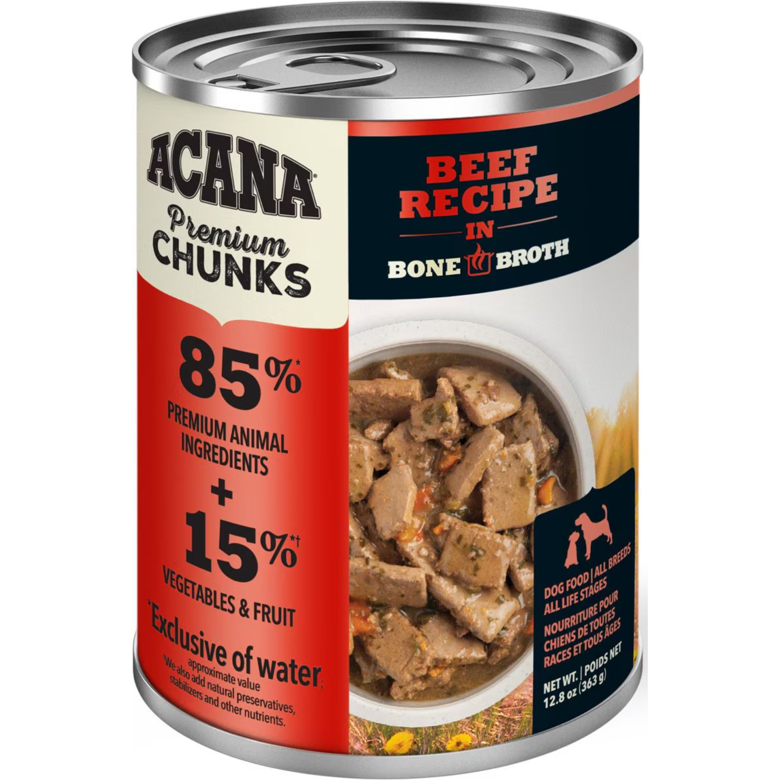 A can of Acana Premium Chunks Beef Recipe in Bone Broth Canned Dog Food. The label features red and black coloring and highlights the composition: 85% Premium Animal Ingredients and 15% Vegetables & Fruit. A photo on the label shows the chunks of food. The can is 12.8 oz (363 g) and is suitable for All Life Stages