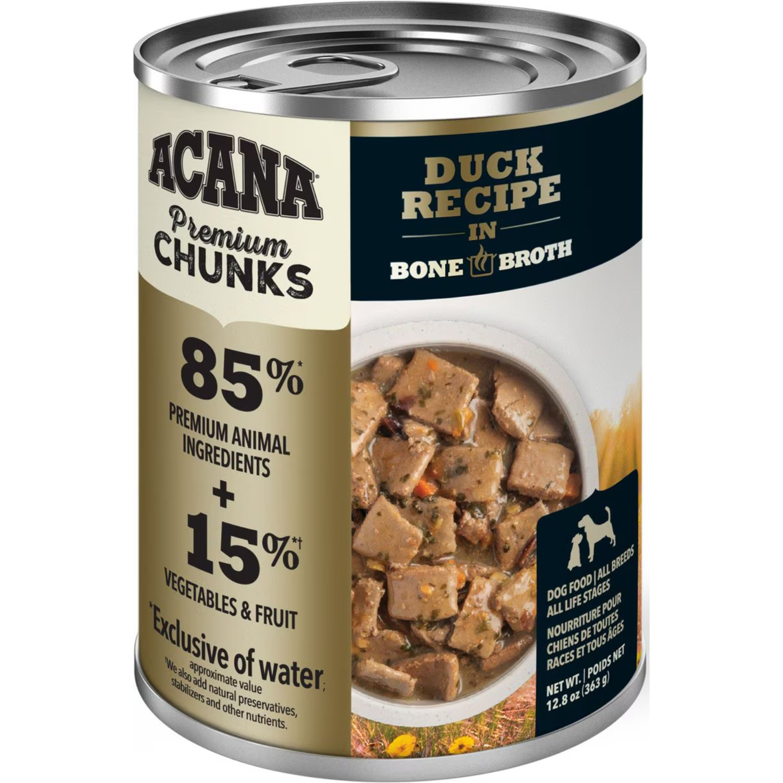A can of Acana Premium Chunks Duck Recipe in Bone Broth Canned Dog Food. The label highlights 85% Premium Animal Ingredients and 15% Vegetables & Fruit. A photograph shows the chunks of food in a bowl. The can is 12.8 oz (363 g) and is for All Life Stages.