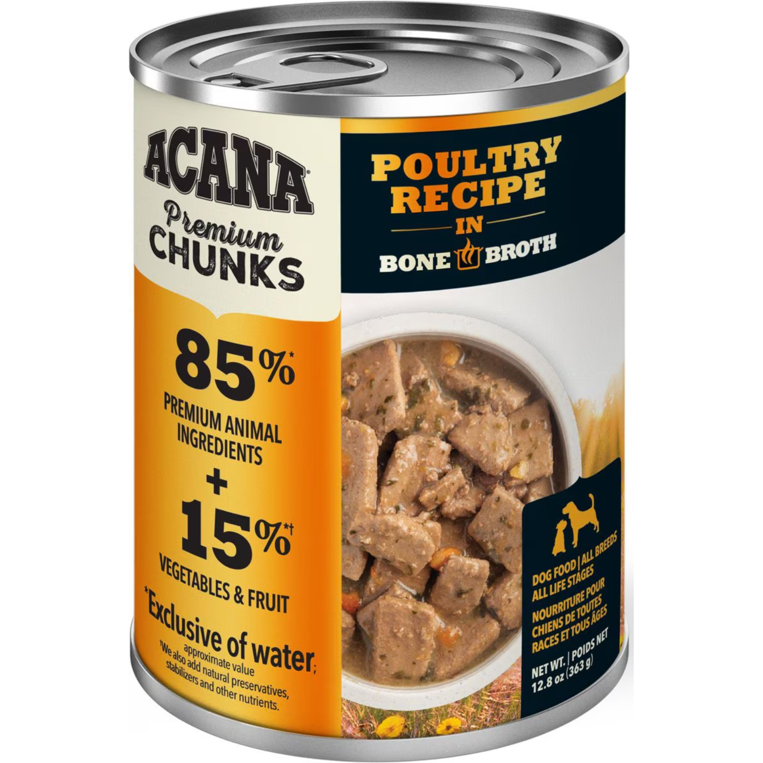A can of Acana Premium Chunks Poultry Recipe in Bone Broth Canned Dog Food. The label prominently displays the 85% Premium Animal Ingredients and 15% Vegetables & Fruit percentages, and a cutaway image shows large chunks of meat in a broth inside. The can is 12.8 oz (363 g) and is suitable for All Life Stages.