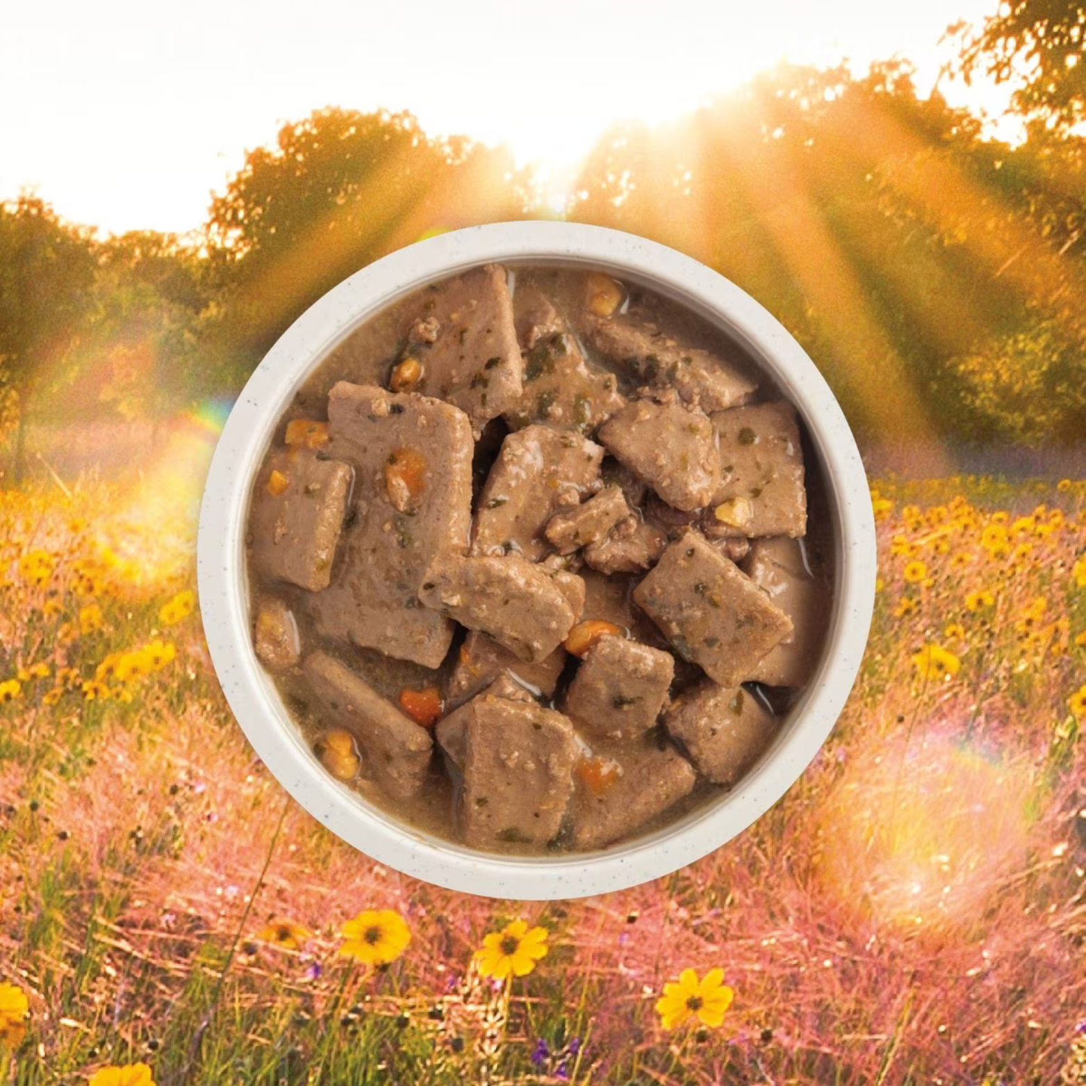 An appetizing close-up of the Acana Premium Chunks Poultry Recipe in a white bowl, showing large chunks of meat and vegetables in a broth. The bowl is set outdoors in a field of green grass and yellow flowers with a bright sunburst in the background.