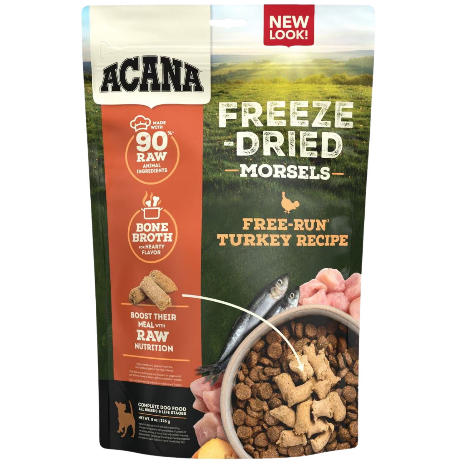 Front of ACANA Free-Run Turkey Freeze-Dried Morsels bag featuring a scenic landscape, ACANA branding, and images of turkey pieces, herring, and kibble topped with morsels.