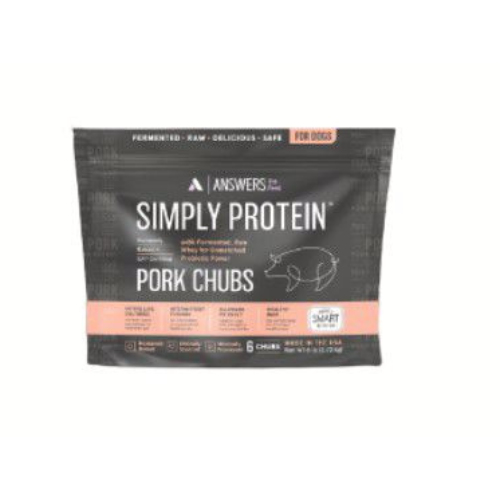 Front view of a black Answers Pet Food package labeled “Simply Protein Pork Chubs,” indicating fermented raw pork for dogs, with a simple line illustration of a pig and text noting raw, safe, and complete nutrition, packaged as multiple frozen chubs.