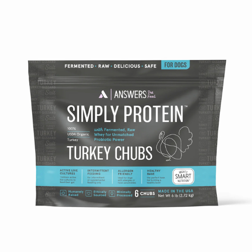 Front view of a black Answers Pet Food package labeled “Simply Protein Turkey Chubs,” indicating fermented raw turkey for dogs, with icons noting active live cultures, intermittent feeding, allergen-friendly formulation, ethically sourced ingredients, and six frozen chubs made in the USA.