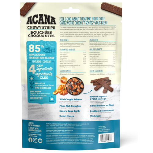 ACANA Chewy Salmon with Skin, Coat, & Digestive Support Strips Dog Treats, 4-oz bag