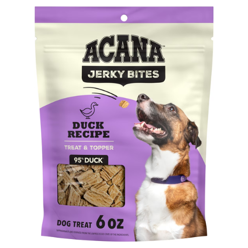 A 6 oz bag of Acana Jerky Bites Duck Recipe dog treat and topper, featuring a purple and cream package with a photo of a brown and white dog.