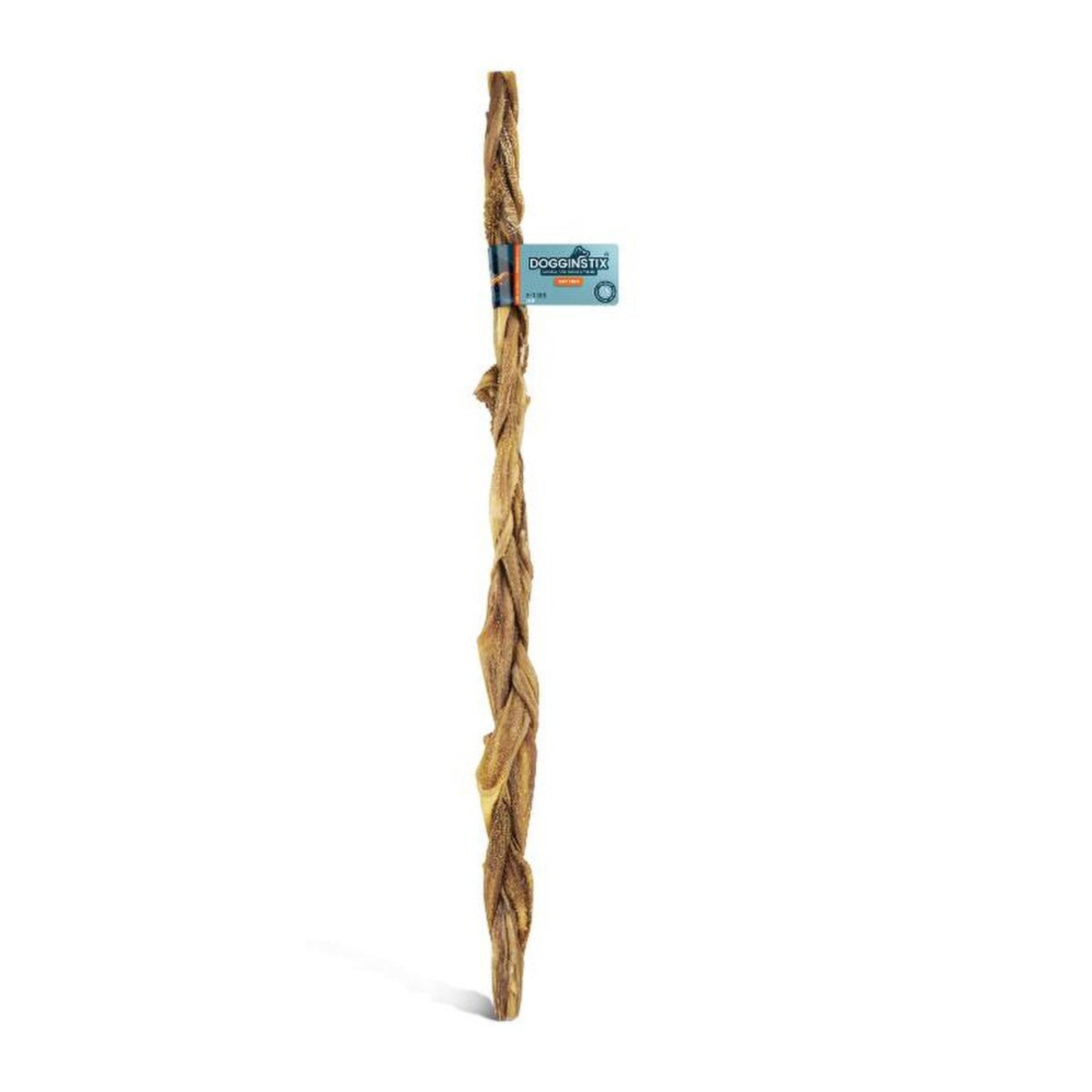Dogginstix braided beef tripe dog chew shown vertically with branded label on a white background. The long, tightly braided chew represents the 24-inch size.