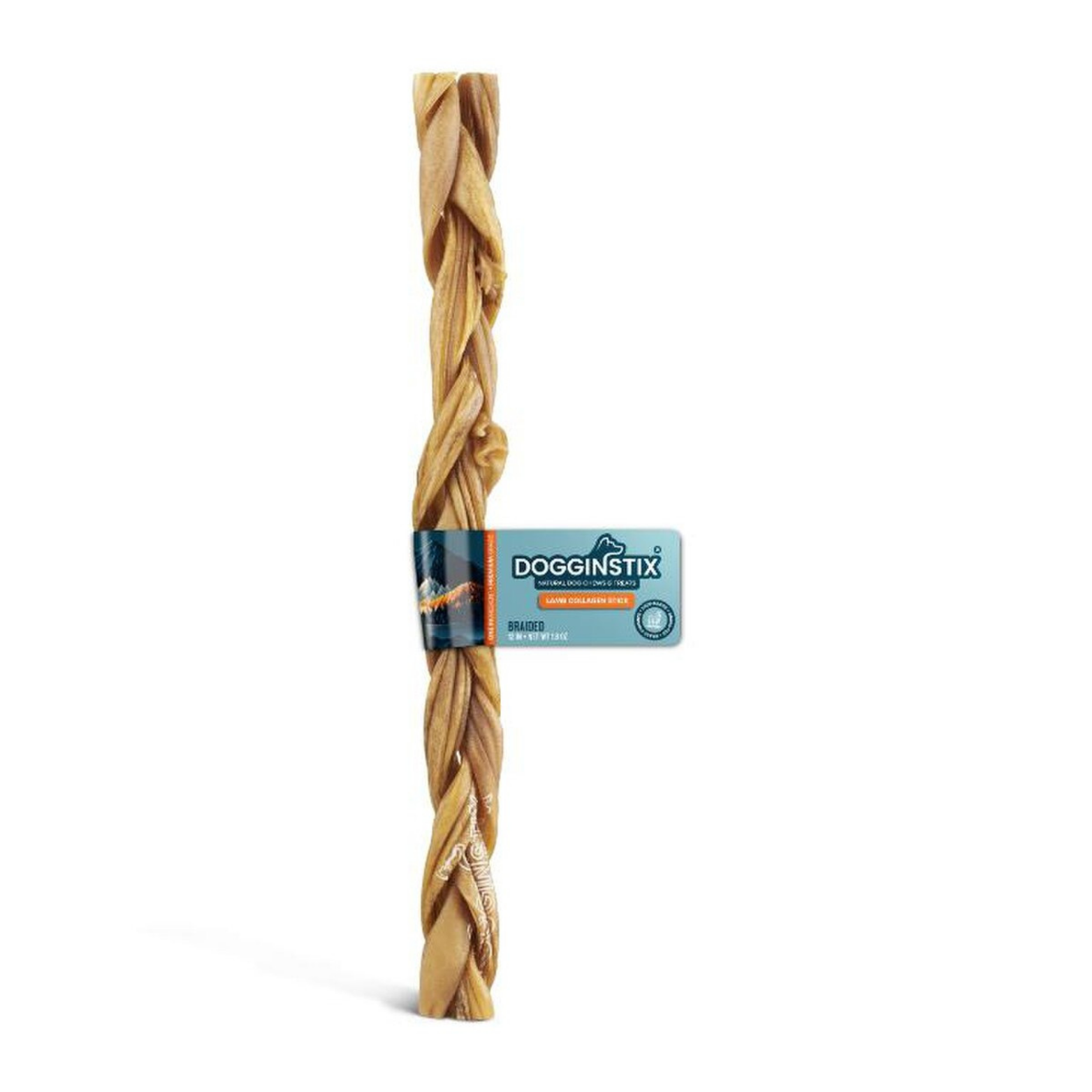 Close-up of a 12 inch braided lamb collagen dog chew displayed vertically on a white background, showing the twisted texture and layered strands.