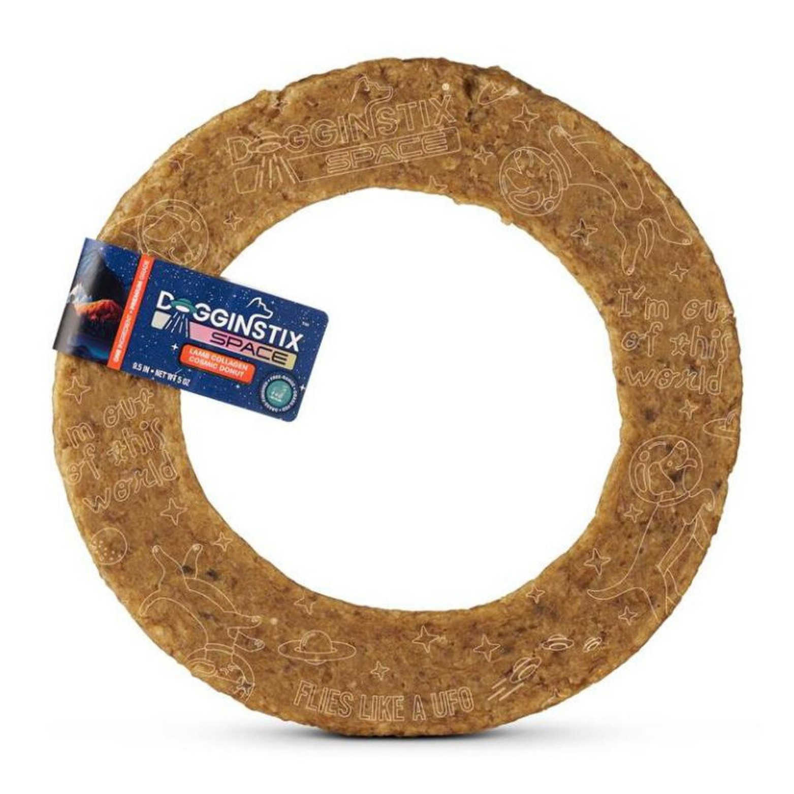 Ring-shaped DogginStix Space lamb collagen dog chew with engraved space-themed designs and a blue DogginStix Space product tag attached.