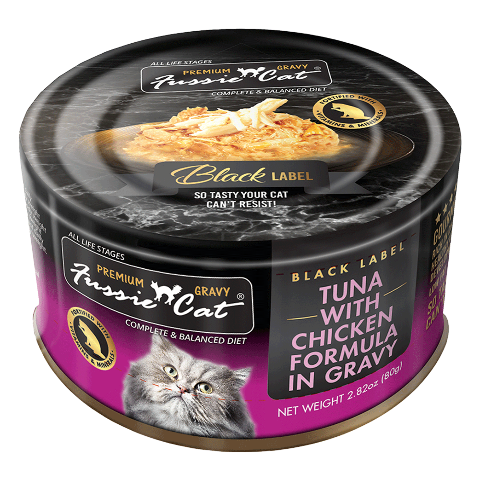 Fussie Cat Black Label Tuna with Chicken Formula in Gravy Canned Cat Food, 2.82-oz