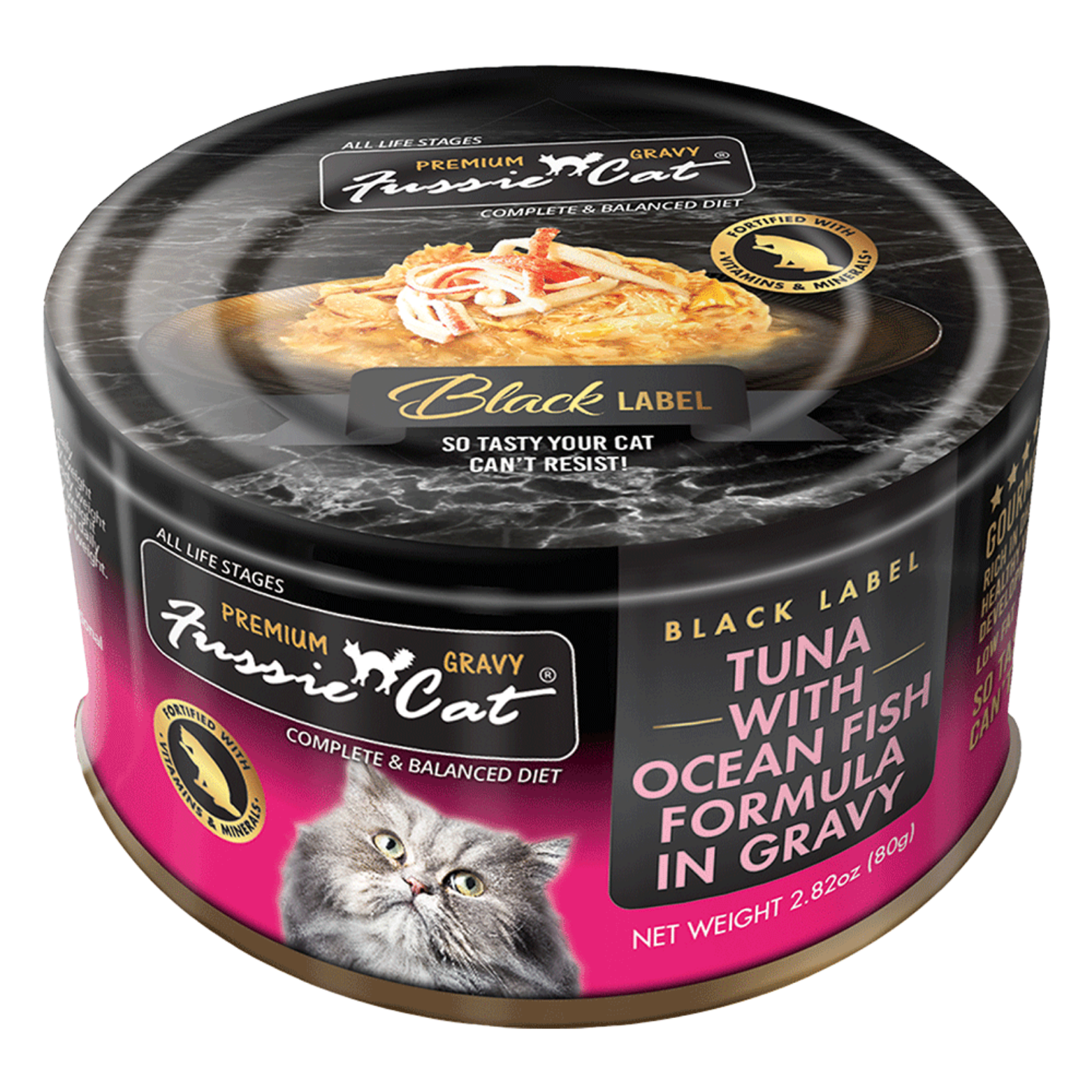 Fussie Cat Black Label Tuna with Oceanfish Formula in Gravy Canned Cat Food, 2.82-oz
