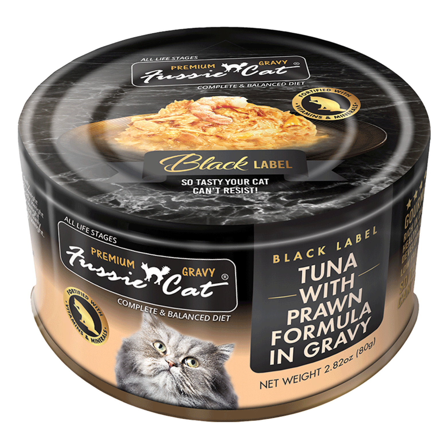 Fussie Cat Black Label Tuna with Prawns Formula in Gravy Canned Cat Food, 2.82-oz