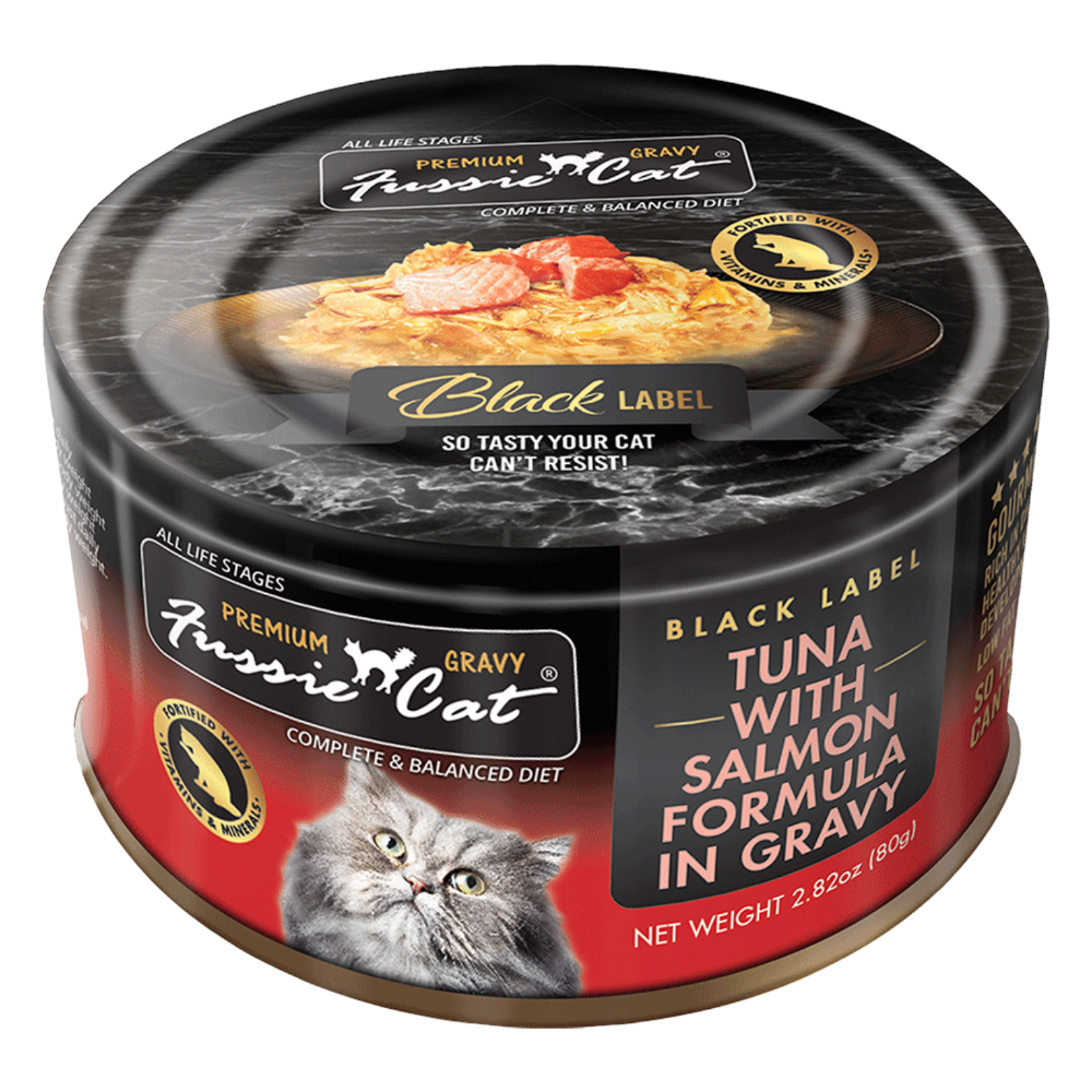 Fussie Cat Black Label Tuna with Salmon Formula in Gravy Canned Cat Food, 2.82-oz