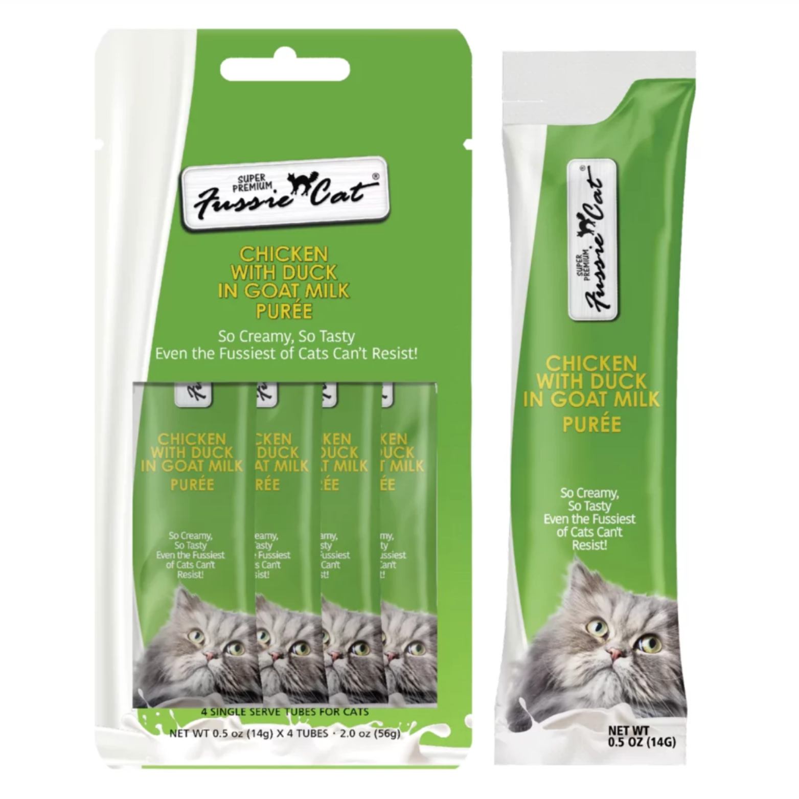 Fussie Cat Goat Milk Puree Cat Treats Chicken with Duck, 2 oz