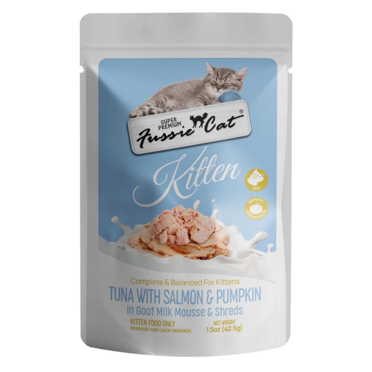 Fussie Cat Kitten Tuna & Salmon with Pumpkin in Goat Milk Mousse & Shreds, 1.5-oz Pouch