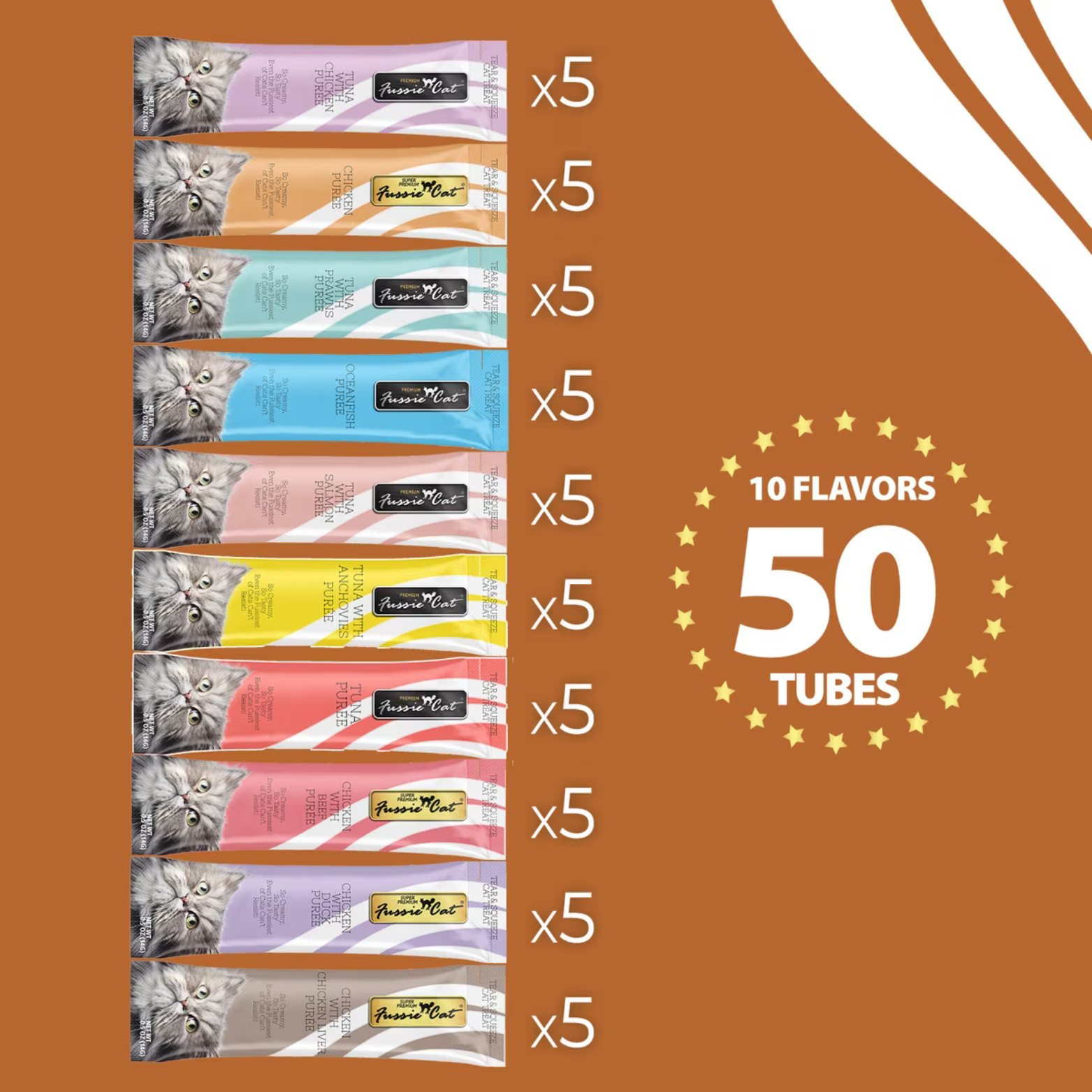 Fussie Cat Puree Cat Treats Tuna & Chicken Variety Pack, 10 Flavors - 50 count