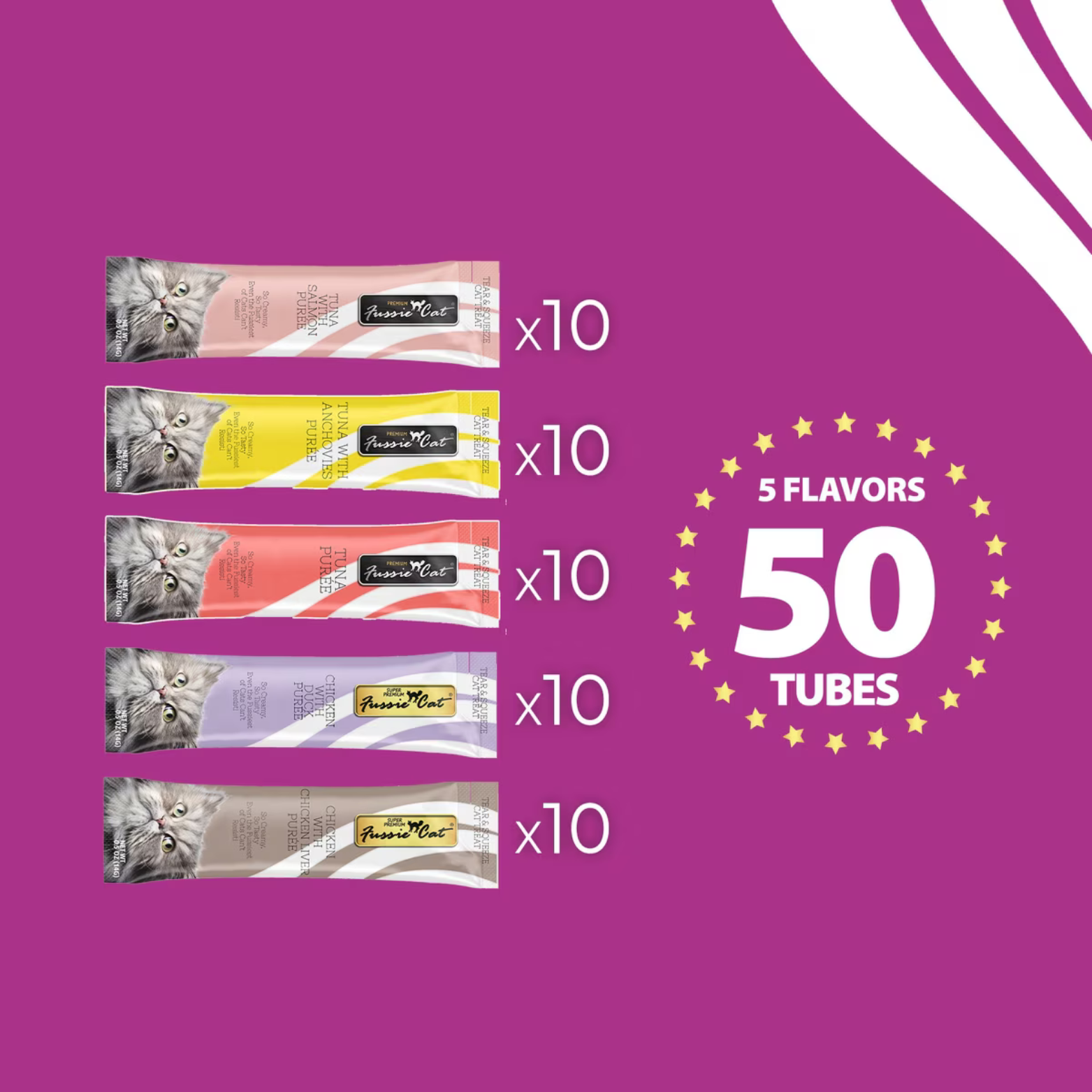 Fussie Cat Puree Cat Treats Tuna & Chicken Variety Pack, 5 Flavors - 50 count