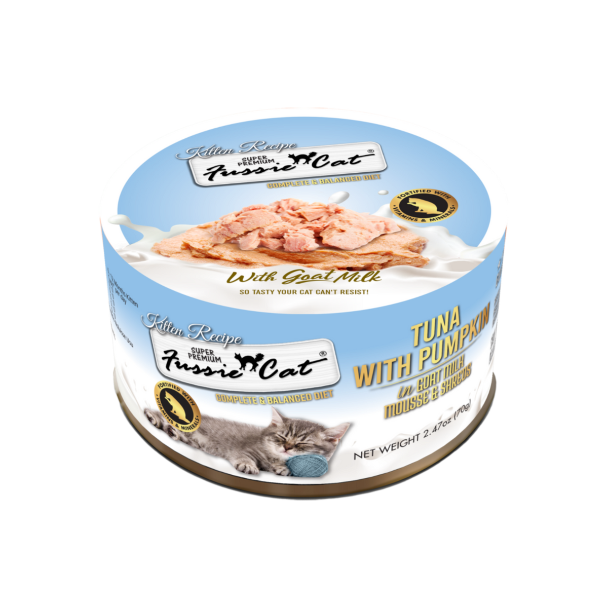 Fussie Cat Kitten Tuna with Pumpkin in Goat Milk Mousse & Shreds Canned Food, 2.47-oz