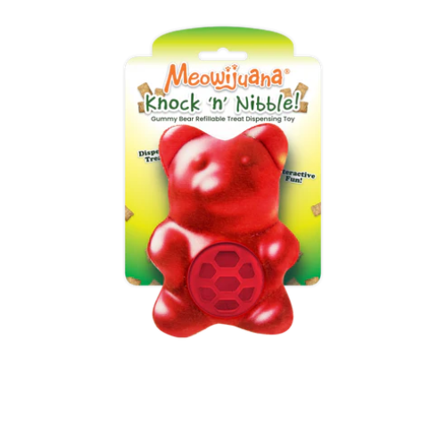 Red gummy bear-shaped toy with 'Meowijuana' packaging on a white background