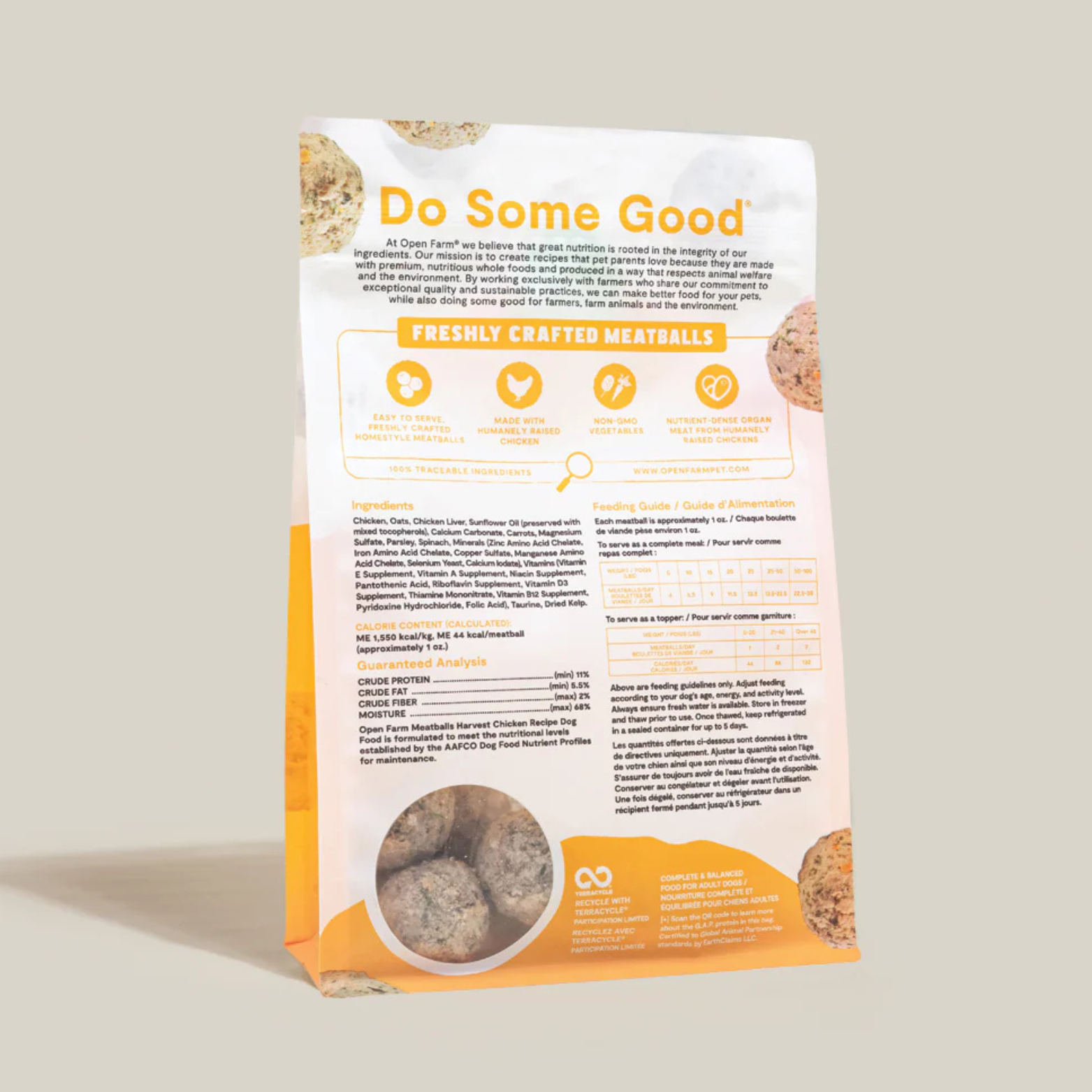 Dog food package with 'Do Some Good' branding on a light gray background