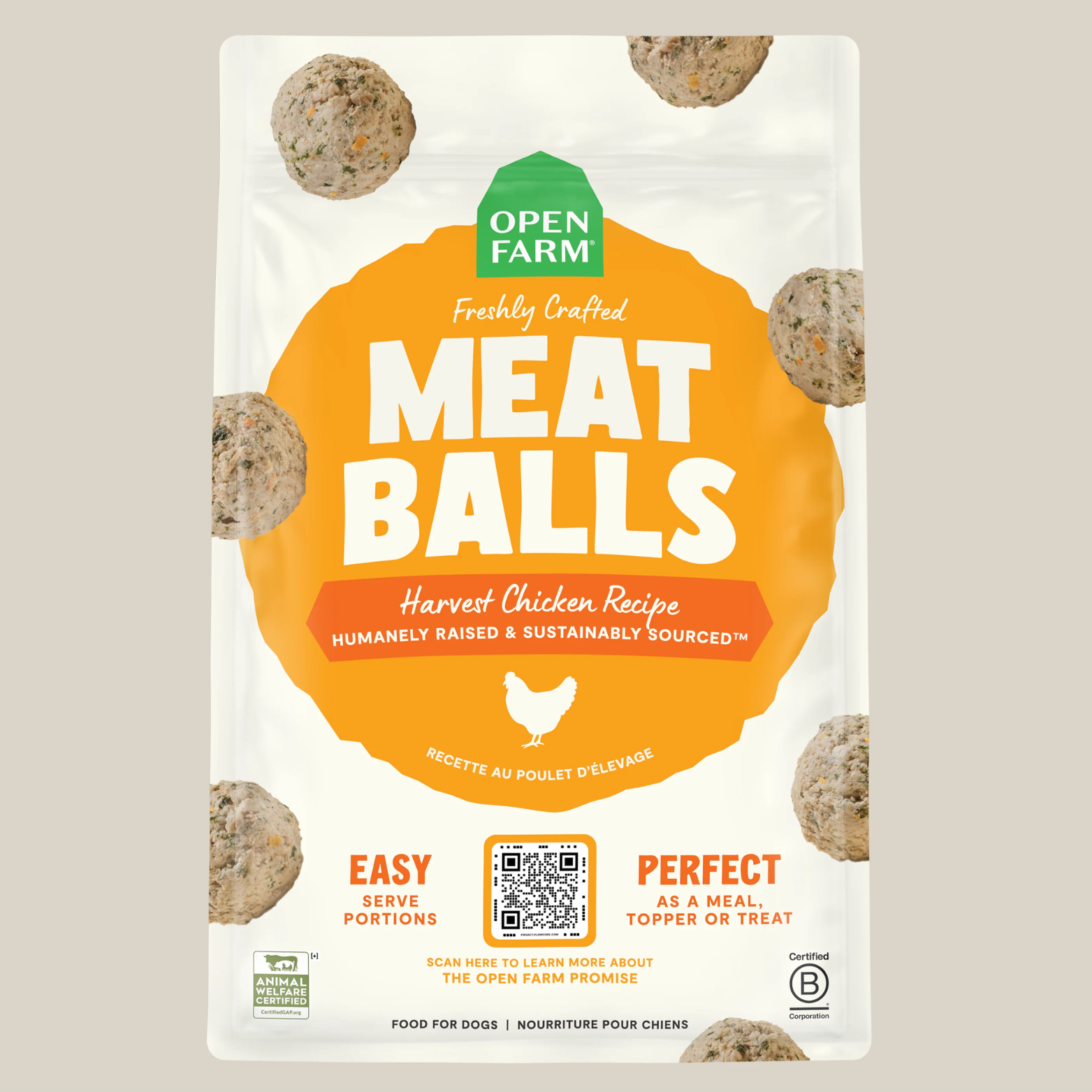 Package of Open Farm meatballs with a beige background