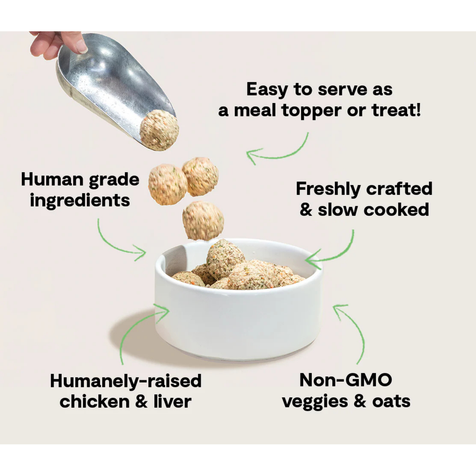 Bowl of pet treats with text highlighting ingredients and benefits