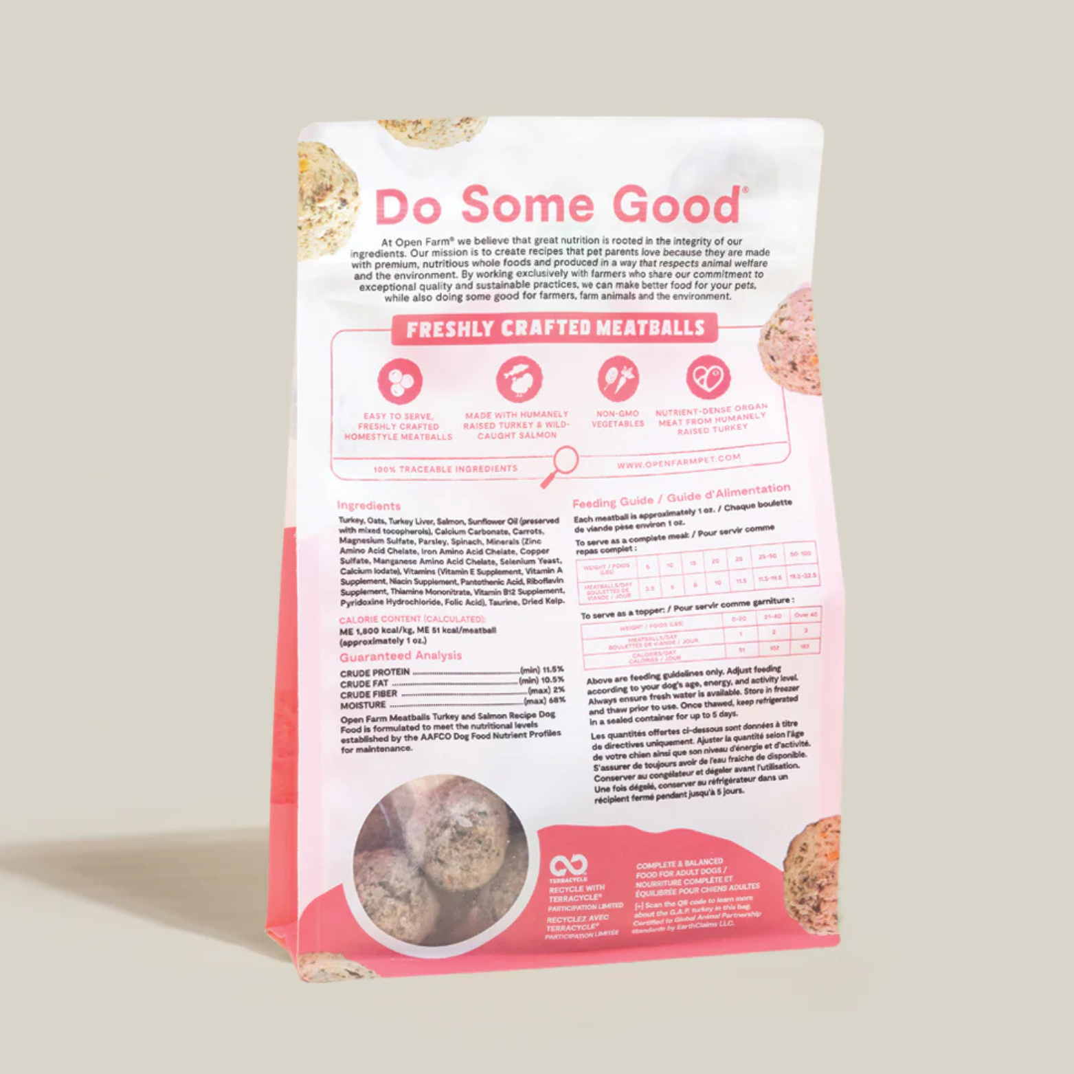 Dog food package with 'Do Some Good' branding on a beige background