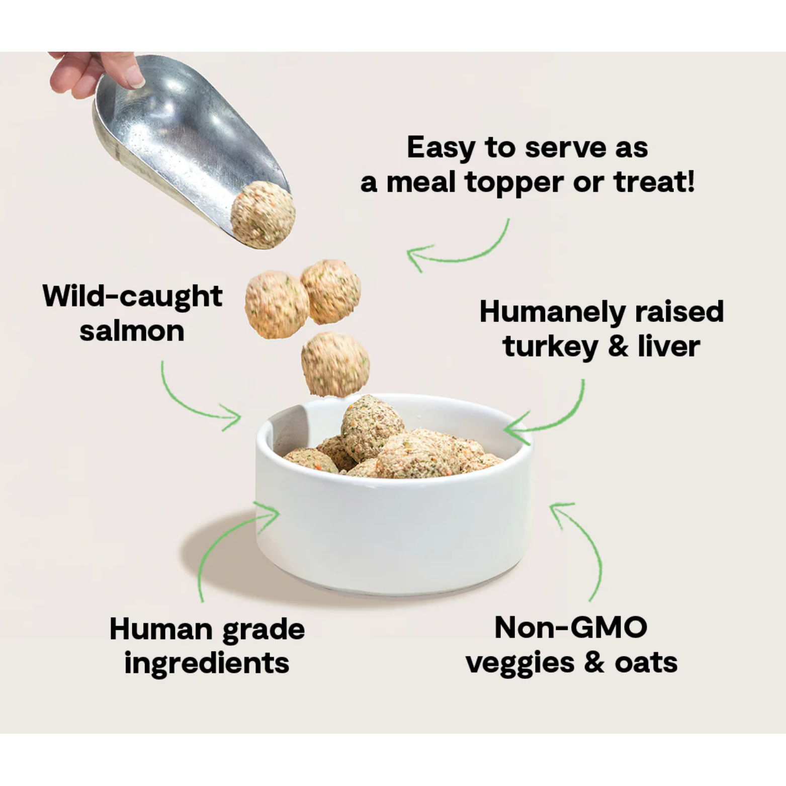 Dish of pet treats with ingredients listed and serving suggestions.