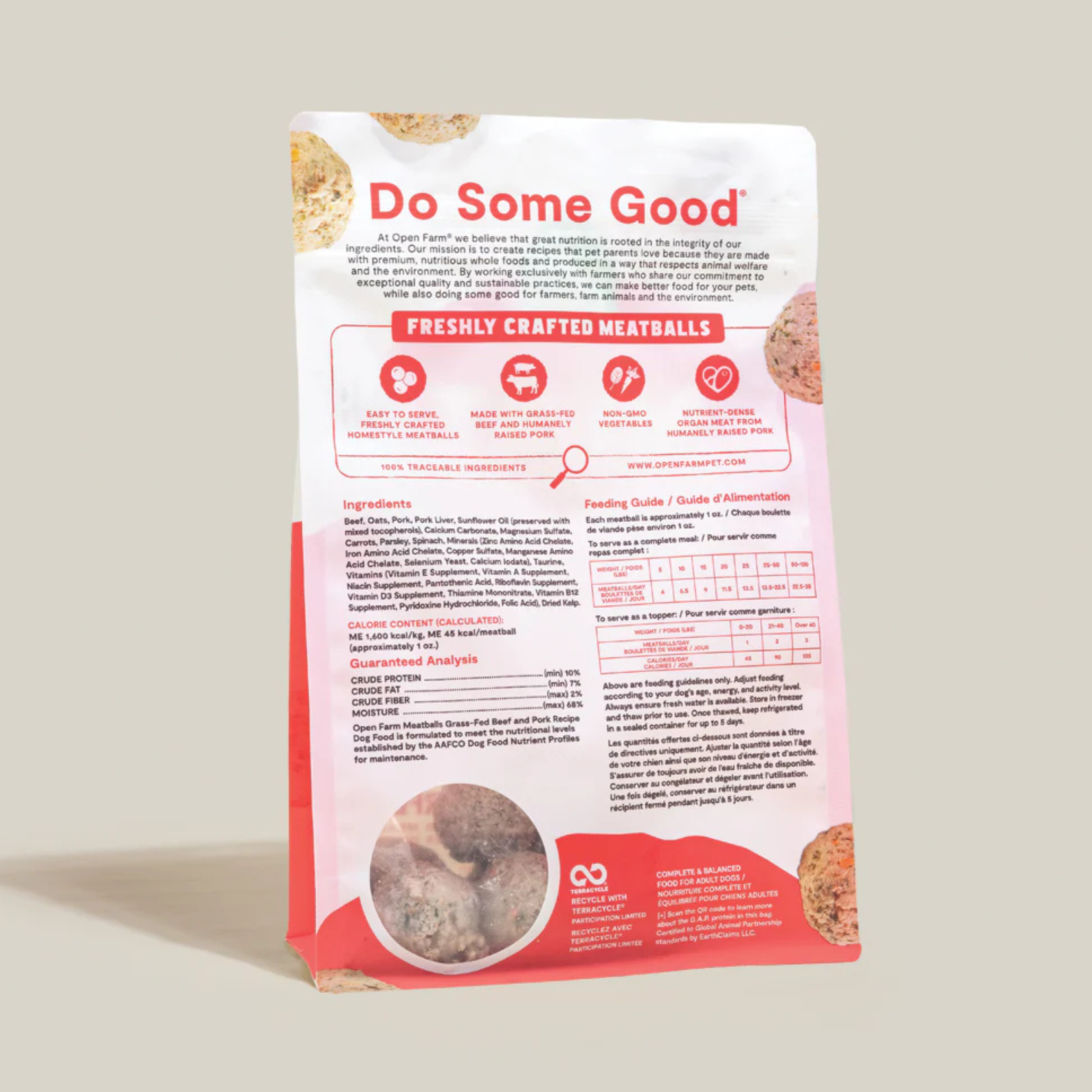 Dog food package with 'Do Some Good' branding on a beige background