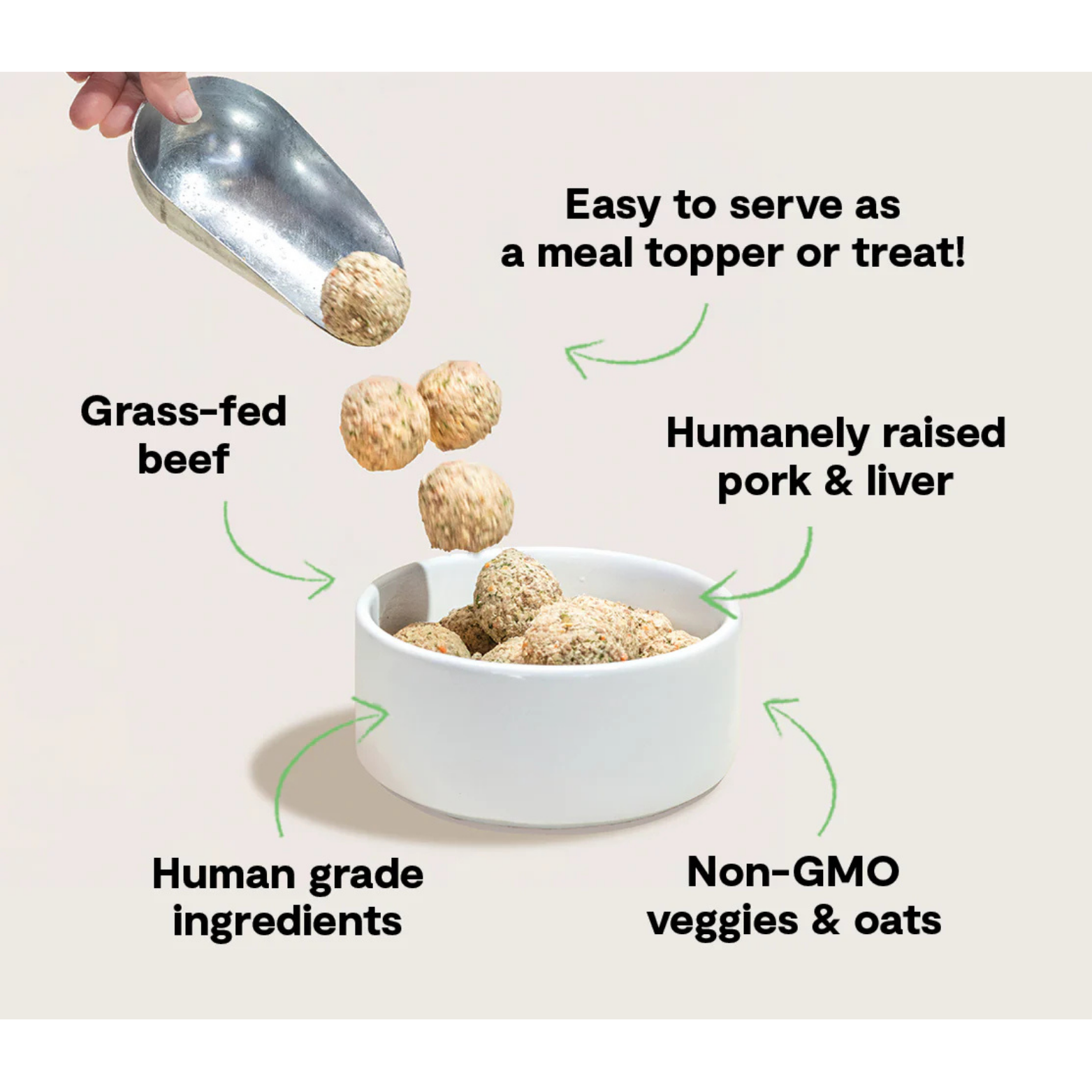Dish of meatballs with text highlighting ingredients and serving suggestions