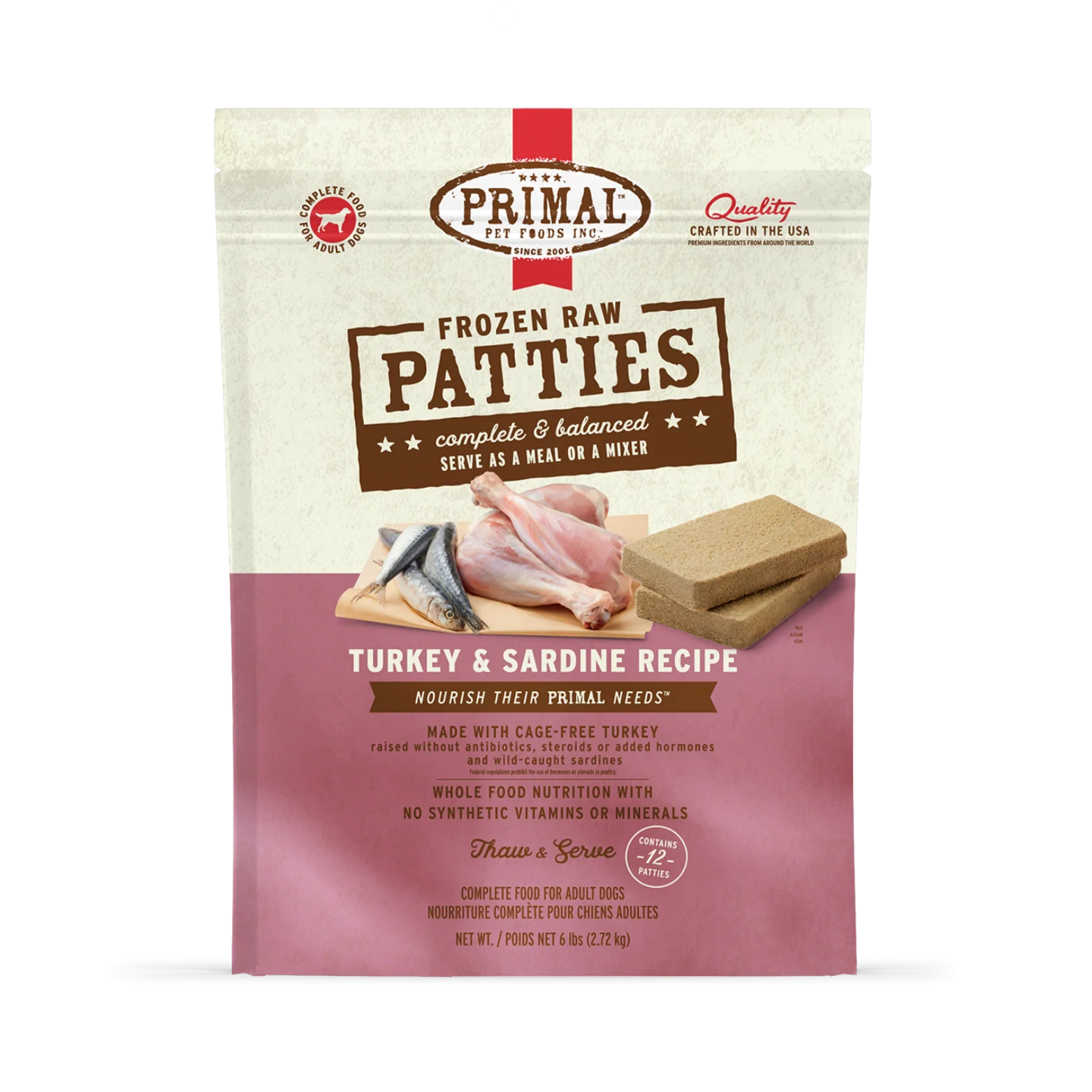 Primal Patties Turkey & Sardine/ Turkey & Salmon Formula Frozen Raw Dog Food 6 lbs