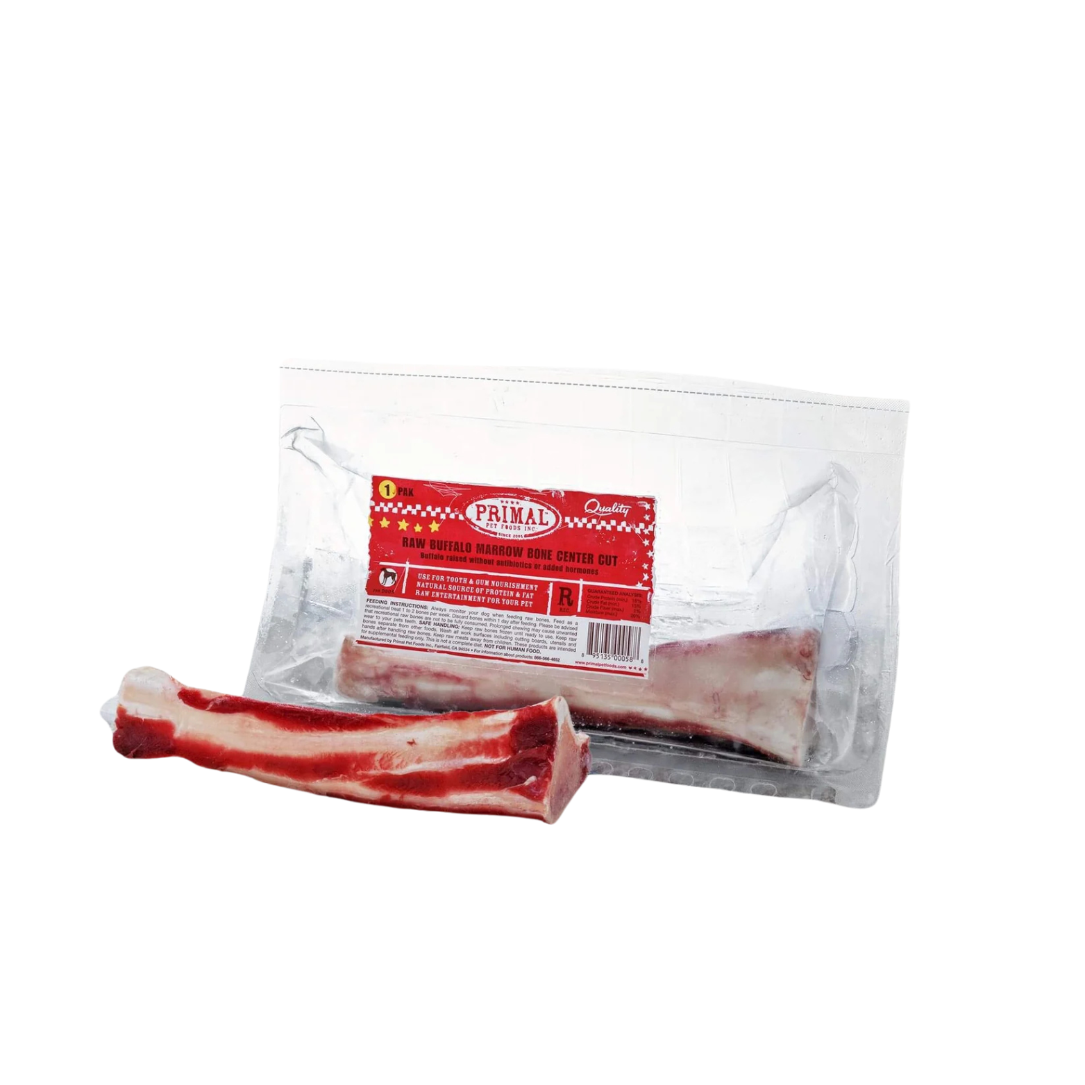 Vacuum-sealed package of a Primal Pet Foods raw buffalo marrow bone center cut dog treat with a red product label. A raw bone is placed in front of the package to show the product inside.