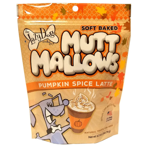 Front view of The Lazy Dog Cookie Company Soft Baked Mutt Mallows Pumpkin Spice Latte dog treat bag, featuring a cartoon dog holding a latte with a pumpkin graphic, fall leaves, and product text indicating natural treats for dogs in a 5 oz package.