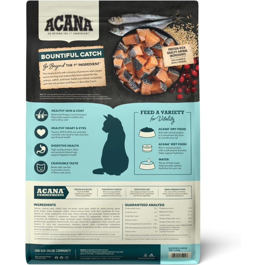 Back of an ACANA Bountiful Catch dry cat food bag showing product description, ingredient list, feeding recommendations, and icons highlighting healthy skin and coat, heart and eye health, digestive health, and palatability.