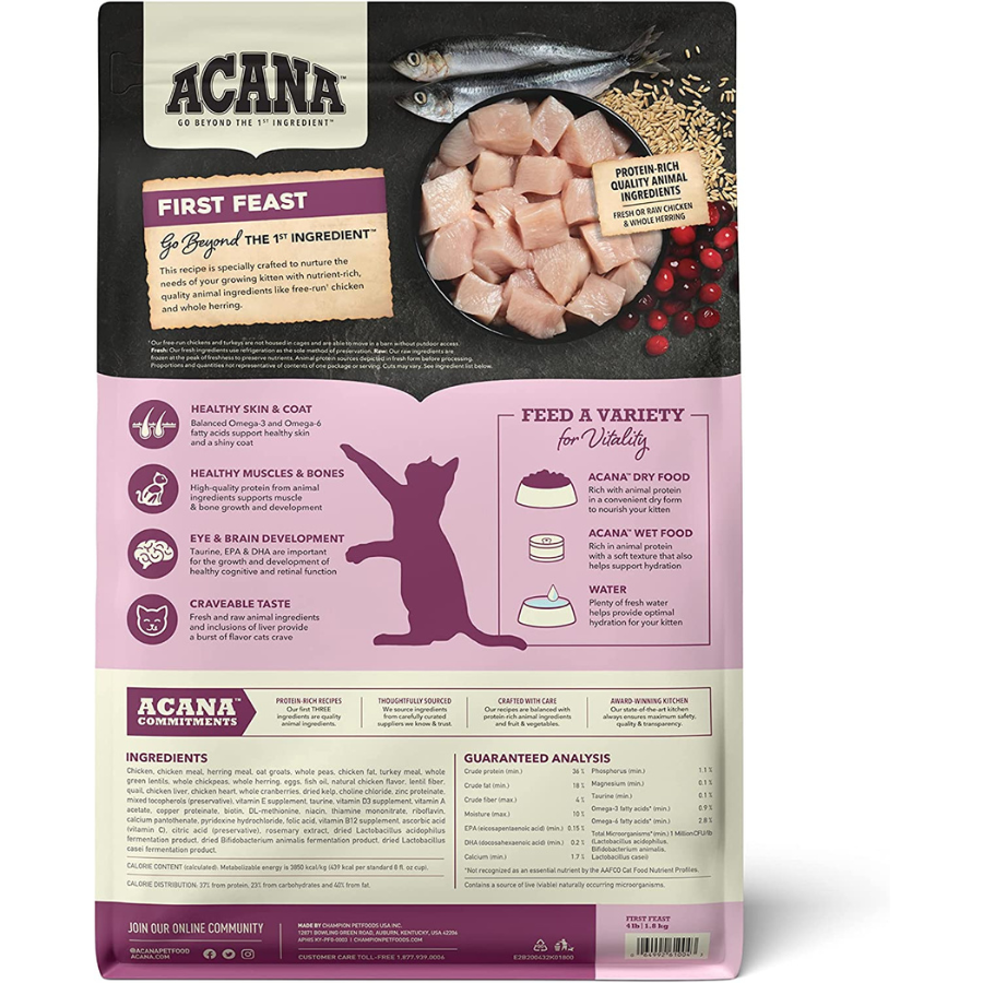 Back of the ACANA First Feast kitten food bag showing product description, ingredient list, feeding guidance, and icons highlighting healthy skin and coat, healthy muscles and bones, eye and brain development, and palatability.
