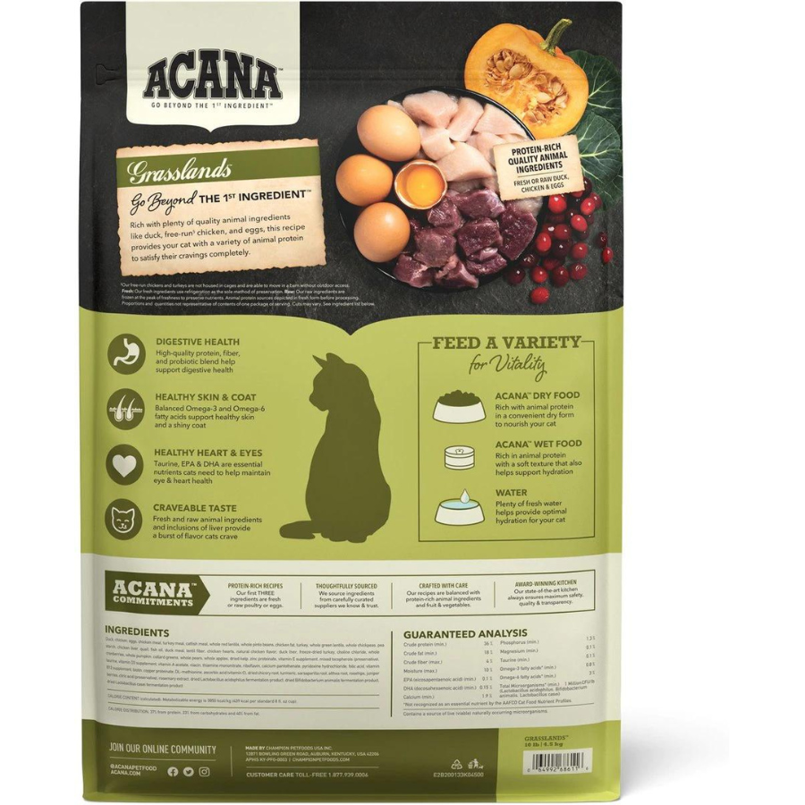 Back of ACANA Grasslands dry cat food bag showing ingredient highlights, digestive and skin health benefits, feeding variety suggestions, guaranteed analysis, and brand commitments.