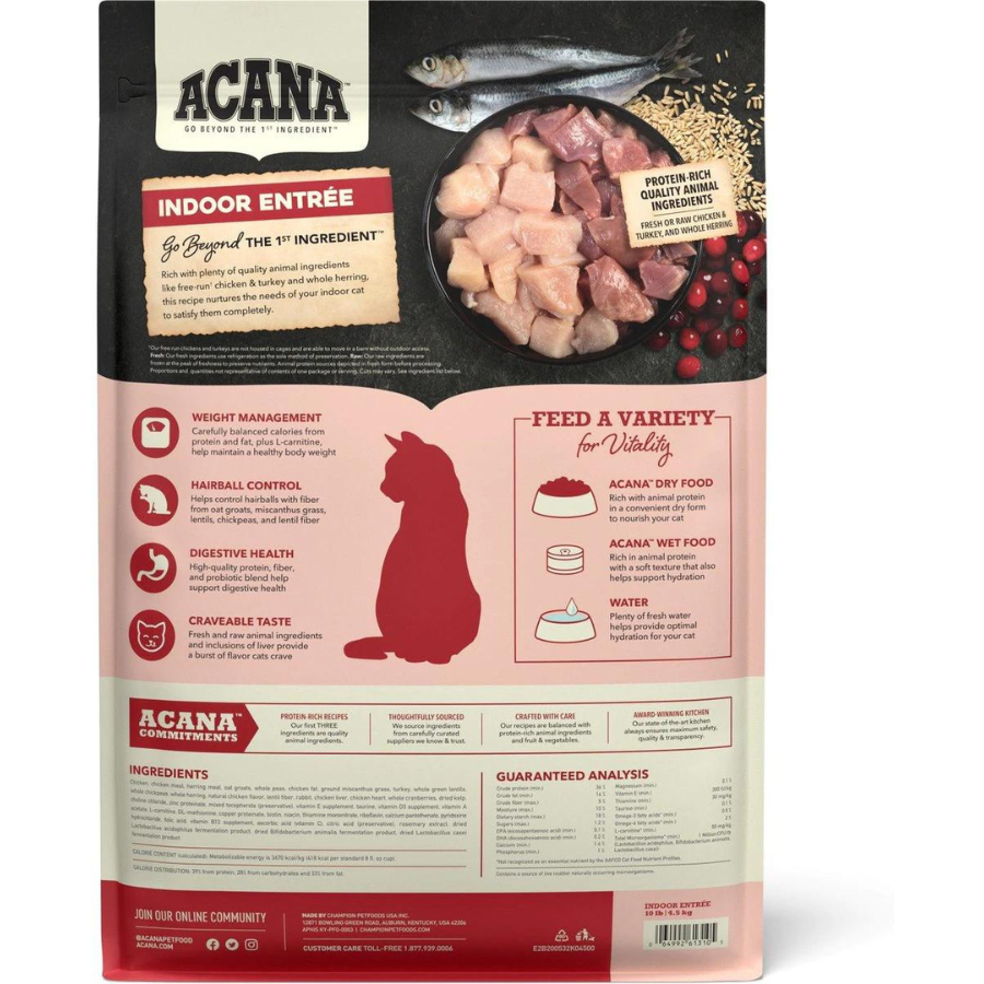 Back of an ACANA Indoor Entrée dry cat food bag showing product features, ingredient list, guaranteed analysis, and feeding information. Icons highlight weight management, hairball control, digestive health, and palatability.