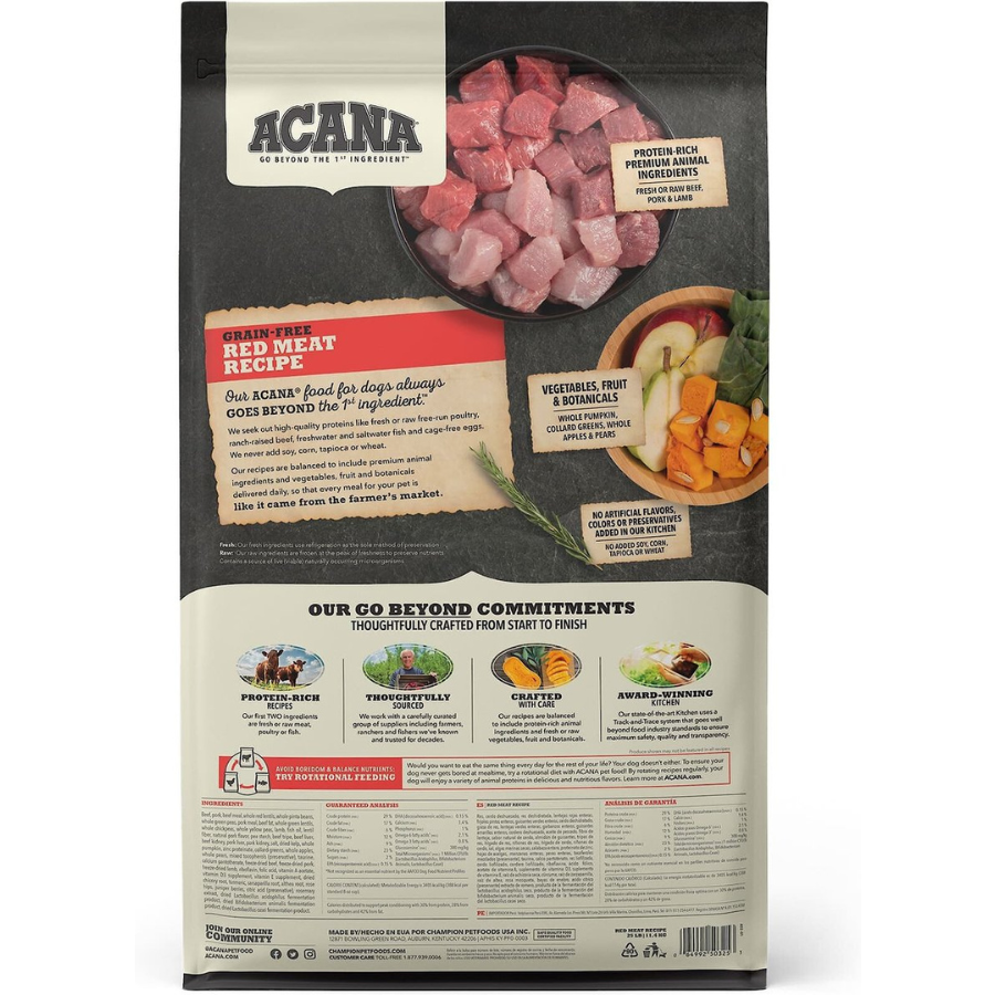 Back of an ACANA Red Meat Recipe dog food bag showing ingredient photography (raw beef and pork cubes, fruits, and vegetables), product description text, sourcing icons, and nutritional information panels.