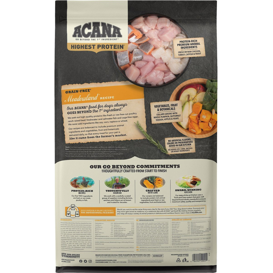 Back of an ACANA Meadowland Recipe dog food bag showing ingredient photography of raw poultry and fish, vegetables and fruit, product description text, sourcing commitments, ingredient list, guaranteed analysis, and feeding information.